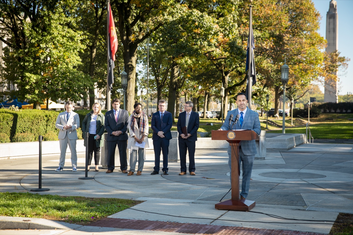 Tony Bandiero, Executive Director for Eastern Pennsylvania Alliance for Clean Transportation, speaks during a Ride & Drive Event at the Capitol Complex on October 23, 2019.<br><a href="https://filesource.amperwave.net/commonwealthofpa/photo/17449_DGS_DRIVE_ELECTRIC_CZ_11.JPG" target="_blank">⇣ Download Photo</a>