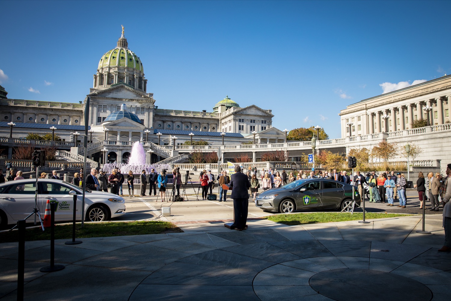 Department of Environmental Protection Secretary Patrick McDonnell announces the future of electric vehicles in Pennsylvania at the Capitol Complex on October 23, 2019.<br><a href="https://filesource.amperwave.net/commonwealthofpa/photo/17449_DGS_DRIVE_ELECTRIC_CZ_12.JPG" target="_blank">⇣ Download Photo</a>