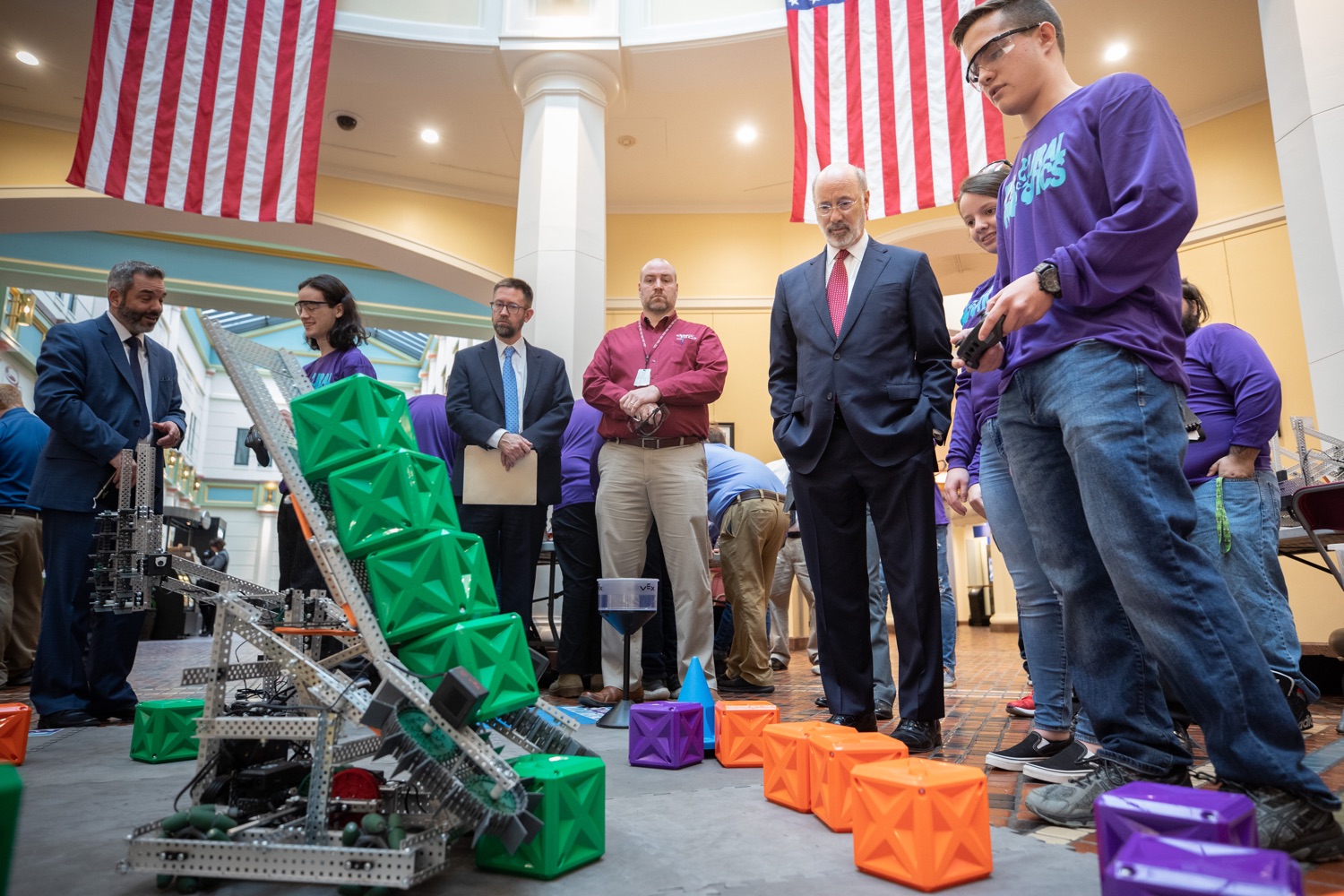 Pennsylvania Governor Tom Wolf meeting with students at the robotics demonstration.  Celebrating the success of the PAsmart workforce development program to create educational opportunities at schools across the commonwealth, Governor Tom Wolf welcomed more than 50 students from the Pennsylvania Rural Robotics Initiative to the Capitol today. The students from nine western Pennsylvania school districts showcased their skills in coding, robotics and drone technology. The Wolf administration awarded the initiative a $299,000 PAsmart Advancing Grant earlier this year. Harrisburg, PA  Tuesday, November 12, 2019<br><a href="https://filesource.amperwave.net/commonwealthofpa/photo/17587_gov_pasmart_rural_robotics_dz_005.jpg" target="_blank">⇣ Download Photo</a>
