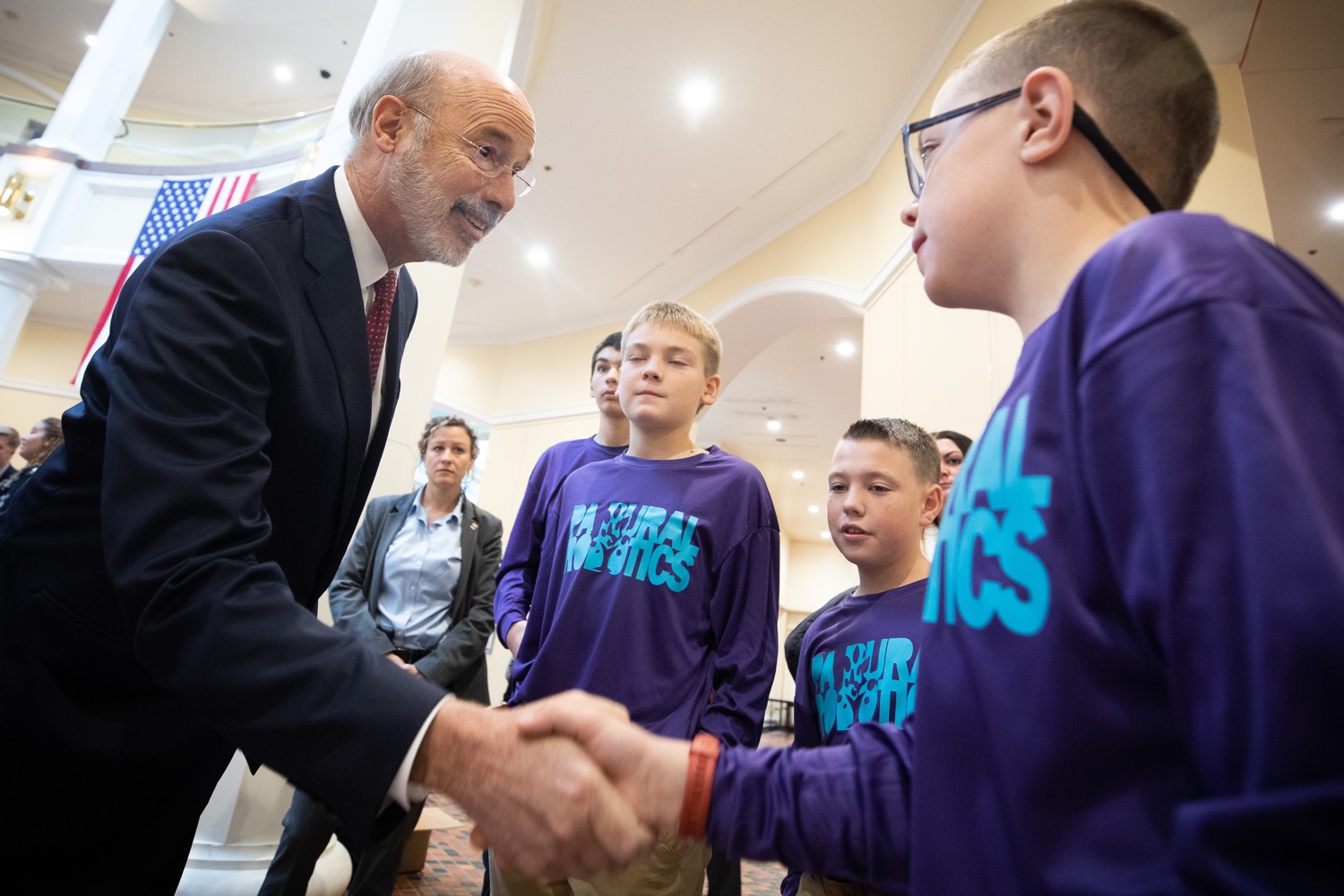 Pennsylvania Governor Tom Wolf meeting with students at the robotics demonstration.  Celebrating the success of the PAsmart workforce development program to create educational opportunities at schools across the commonwealth, Governor Tom Wolf welcomed more than 50 students from the Pennsylvania Rural Robotics Initiative to the Capitol today. The students from nine western Pennsylvania school districts showcased their skills in coding, robotics and drone technology. The Wolf administration awarded the initiative a $299,000 PAsmart Advancing Grant earlier this year. Harrisburg, PA  Tuesday, November 12, 2019<br><a href="https://filesource.amperwave.net/commonwealthofpa/photo/17587_gov_pasmart_rural_robotics_dz_012.jpg" target="_blank">⇣ Download Photo</a>