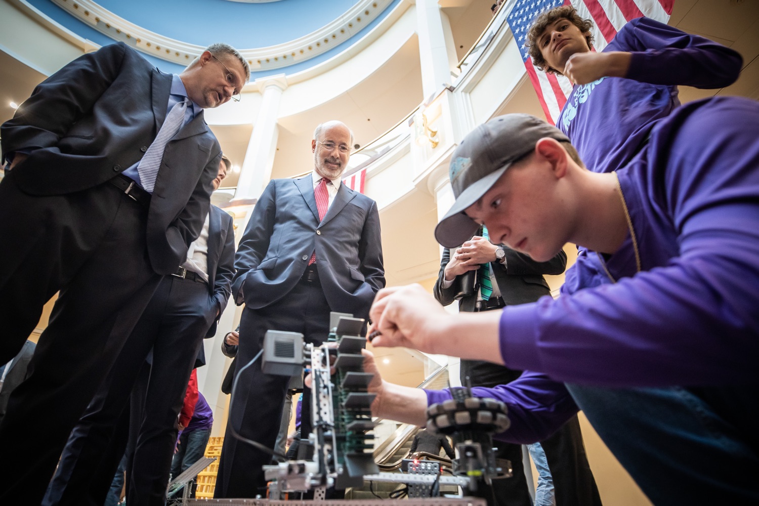 Pennsylvania Governor Tom Wolf meeting with students at the robotics demonstration.Celebrating the success of the PAsmart workforce development program to create educational opportunities at schools across the commonwealth, Governor Tom Wolf welcomed more than 50 students from the Pennsylvania Rural Robotics Initiative to the Capitol today. The students from nine western Pennsylvania school districts showcased their skills in coding, robotics and drone technology. The Wolf administration awarded the initiative a $299,000 PAsmart Advancing Grant earlier this year. Harrisburg, PA  Tuesday, November 12, 2019<br><a href="https://filesource.amperwave.net/commonwealthofpa/photo/17587_gov_pasmart_rural_robotics_dz_014.jpg" target="_blank">⇣ Download Photo</a>