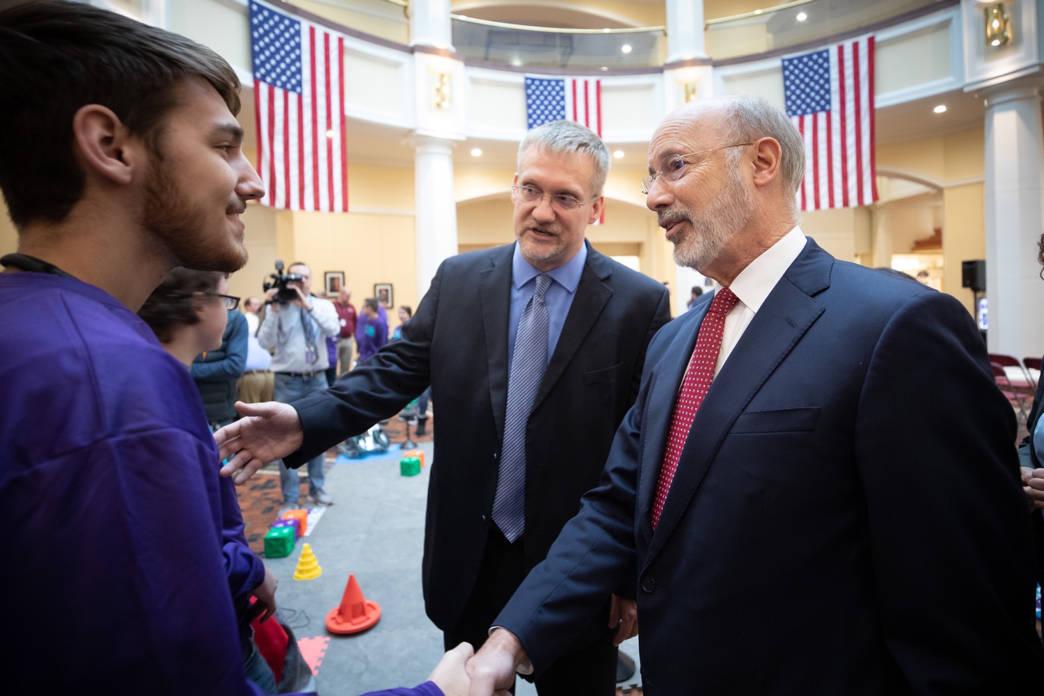 Pennsylvania Governor Tom Wolf meeting with students at the robotics demonstration.Celebrating the success of the PAsmart workforce development program to create educational opportunities at schools across the commonwealth, Governor Tom Wolf welcomed more than 50 students from the Pennsylvania Rural Robotics Initiative to the Capitol today. The students from nine western Pennsylvania school districts showcased their skills in coding, robotics and drone technology. The Wolf administration awarded the initiative a $299,000 PAsmart Advancing Grant earlier this year. Harrisburg, PA  Tuesday, November 12, 2019<br><a href="https://filesource.amperwave.net/commonwealthofpa/photo/17587_gov_pasmart_rural_robotics_dz_022.jpg" target="_blank">⇣ Download Photo</a>