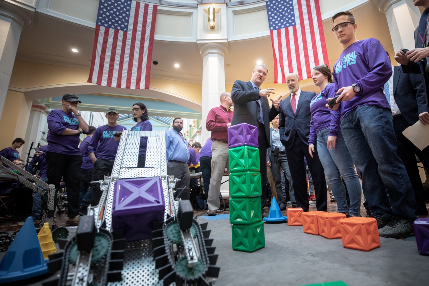 Pennsylvania Governor Tom Wolf meeting with students at the robotics demonstration.Celebrating the success of the PAsmart workforce development program to create educational opportunities at schools across the commonwealth, Governor Tom Wolf welcomed more than 50 students from the Pennsylvania Rural Robotics Initiative to the Capitol today. The students from nine western Pennsylvania school districts showcased their skills in coding, robotics and drone technology. The Wolf administration awarded the initiative a $299,000 PAsmart Advancing Grant earlier this year. Harrisburg, PA  Tuesday, November 12, 2019<br><a href="https://filesource.amperwave.net/commonwealthofpa/photo/17587_gov_pasmart_rural_robotics_dz_023.jpg" target="_blank">⇣ Download Photo</a>
