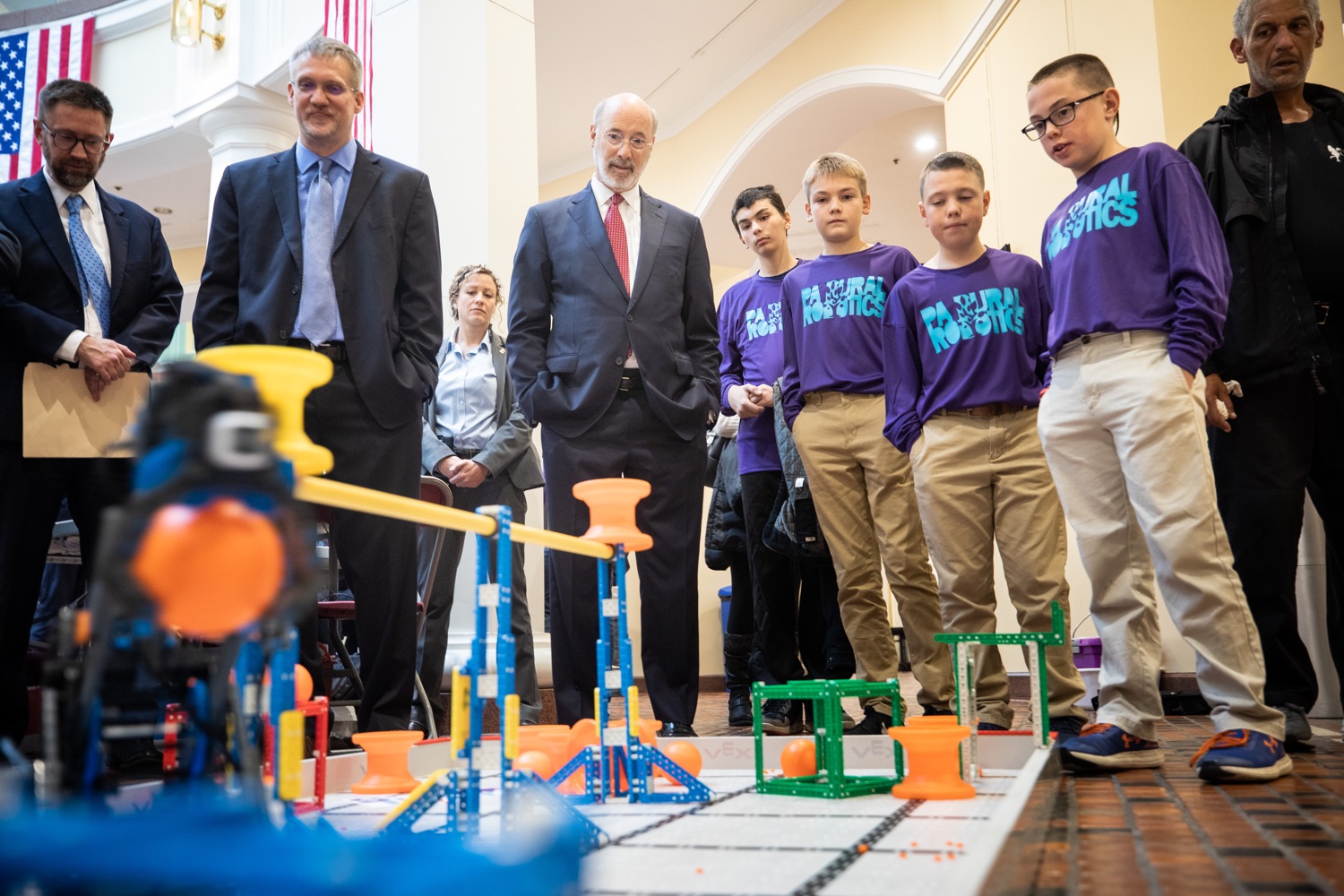 Pennsylvania Governor Tom Wolf meeting with students at the robotics demonstration.Celebrating the success of the PAsmart workforce development program to create educational opportunities at schools across the commonwealth, Governor Tom Wolf welcomed more than 50 students from the Pennsylvania Rural Robotics Initiative to the Capitol today. The students from nine western Pennsylvania school districts showcased their skills in coding, robotics and drone technology. The Wolf administration awarded the initiative a $299,000 PAsmart Advancing Grant earlier this year. Harrisburg, PA  Tuesday, November 12, 2019<br><a href="https://filesource.amperwave.net/commonwealthofpa/photo/17587_gov_pasmart_rural_robotics_dz_024.jpg" target="_blank">⇣ Download Photo</a>
