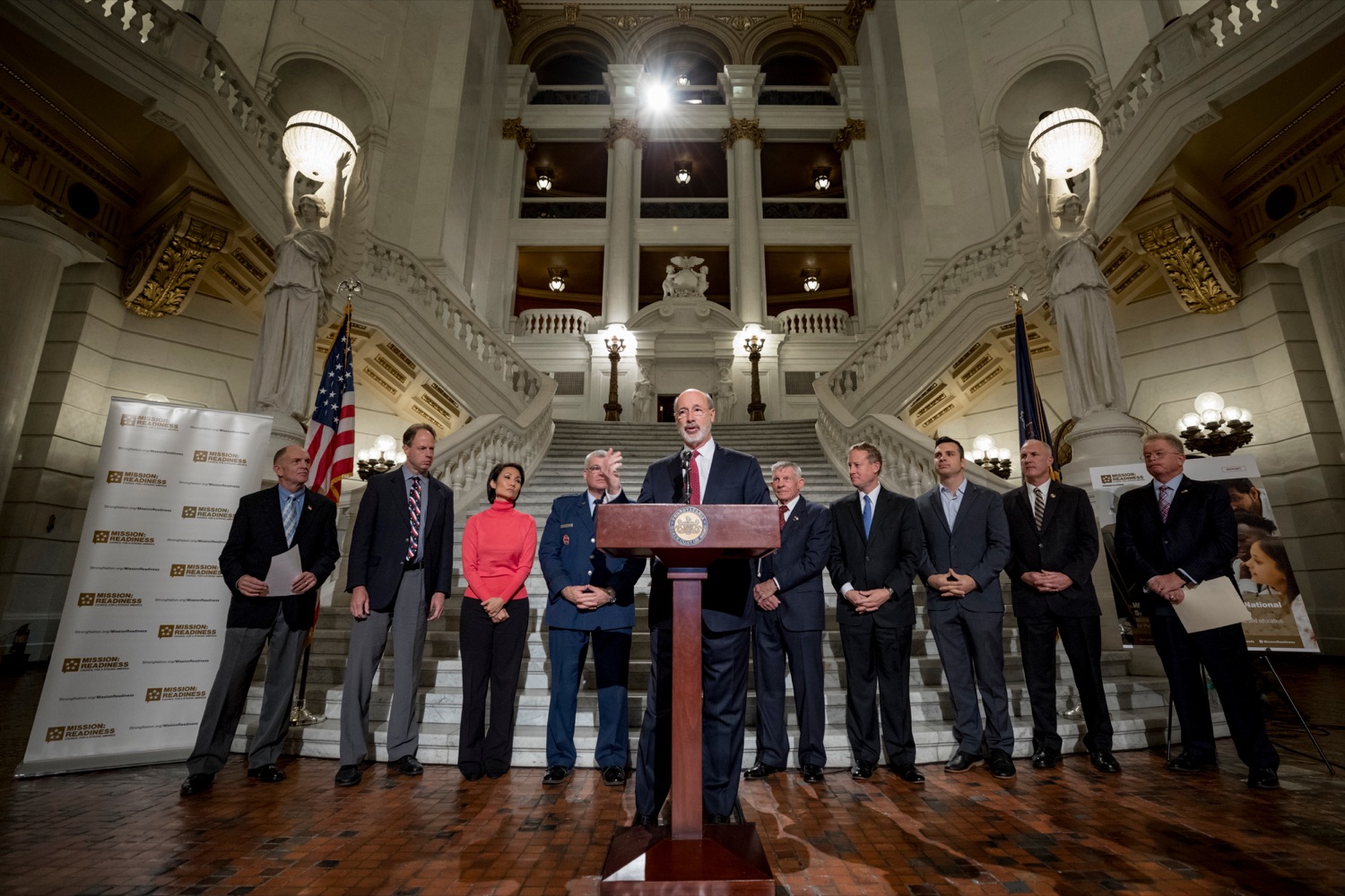 Pennsylvania Governor Tom Wolf speaks during a press conference outlining how competition for qualified individuals among all employment sectors affects military recruiting efforts and warrants greater investment in our next generation inside the Capitol Rotunda on Tuesday, November 12, 2019.<br><a href="https://filesource.amperwave.net/commonwealthofpa/photo/17588_GOV_Mission_Readiness_NK_002.JPG" target="_blank">⇣ Download Photo</a>