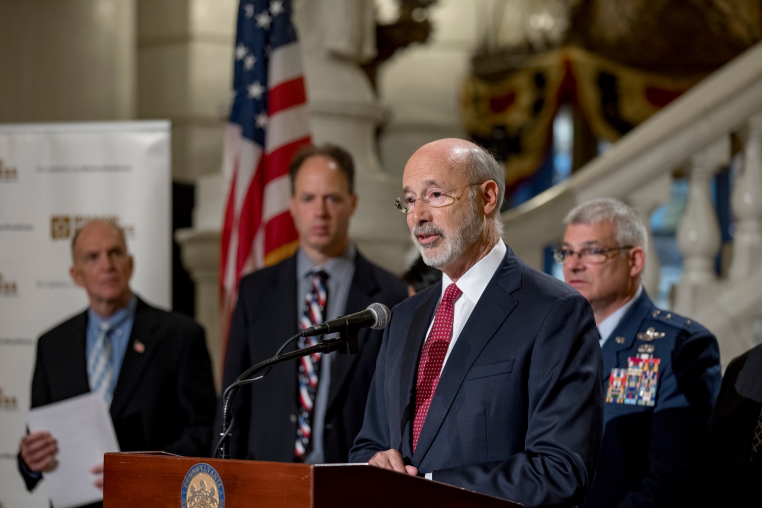 Pennsylvania Governor Tom Wolf speaks during a press conference outlining how competition for qualified individuals among all employment sectors affects military recruiting efforts and warrants greater investment in our next generation inside the Capitol Rotunda on Tuesday, November 12, 2019.<br><a href="https://filesource.amperwave.net/commonwealthofpa/photo/17588_GOV_Mission_Readiness_NK_003.JPG" target="_blank">⇣ Download Photo</a>