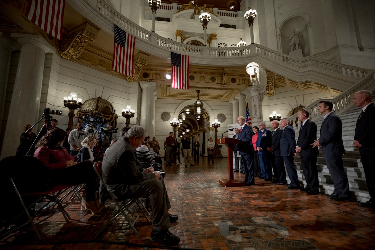Pennsylvania Governor Tom Wolf speaks during a press conference outlining how competition for qualified individuals among all employment sectors affects military recruiting efforts and warrants greater investment in our next generation inside the Capitol Rotunda on Tuesday, November 12, 2019.<br><a href="https://filesource.amperwave.net/commonwealthofpa/photo/17588_GOV_Mission_Readiness_NK_005.JPG" target="_blank">⇣ Download Photo</a>