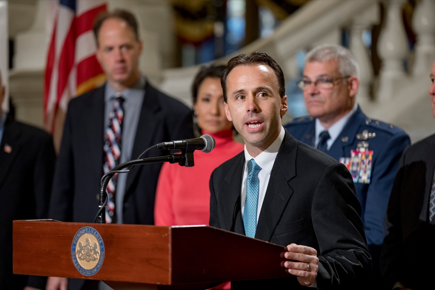 Steve Doster, Pennsylvania State director of Mission:Readiness, speaks during a press conference outlining how competition for qualified individuals among all employment sectors affects military recruiting efforts and warrants greater investment in our next generation inside the Capitol Rotunda on Tuesday, November 12, 2019.<br><a href="https://filesource.amperwave.net/commonwealthofpa/photo/17588_GOV_Mission_Readiness_NK_006.JPG" target="_blank">⇣ Download Photo</a>