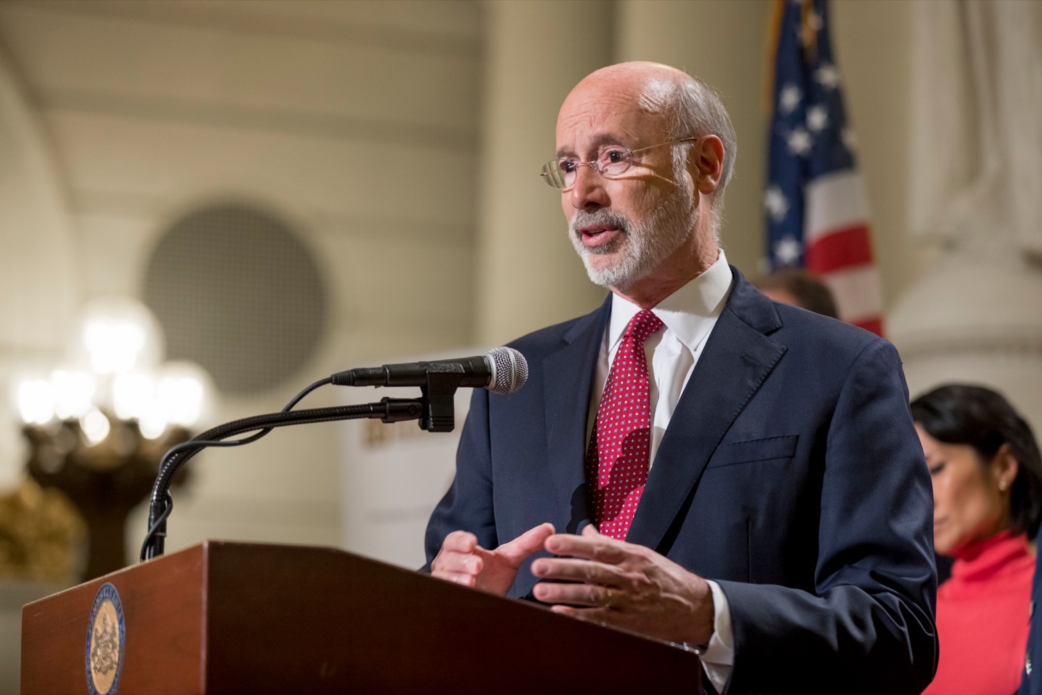 Pennsylvania Governor Tom Wolf speaks during a press conference outlining how competition for qualified individuals among all employment sectors affects military recruiting efforts and warrants greater investment in our next generation inside the Capitol Rotunda on Tuesday, November 12, 2019.<br><a href="https://filesource.amperwave.net/commonwealthofpa/photo/17588_GOV_Mission_Readiness_NK_008.JPG" target="_blank">⇣ Download Photo</a>