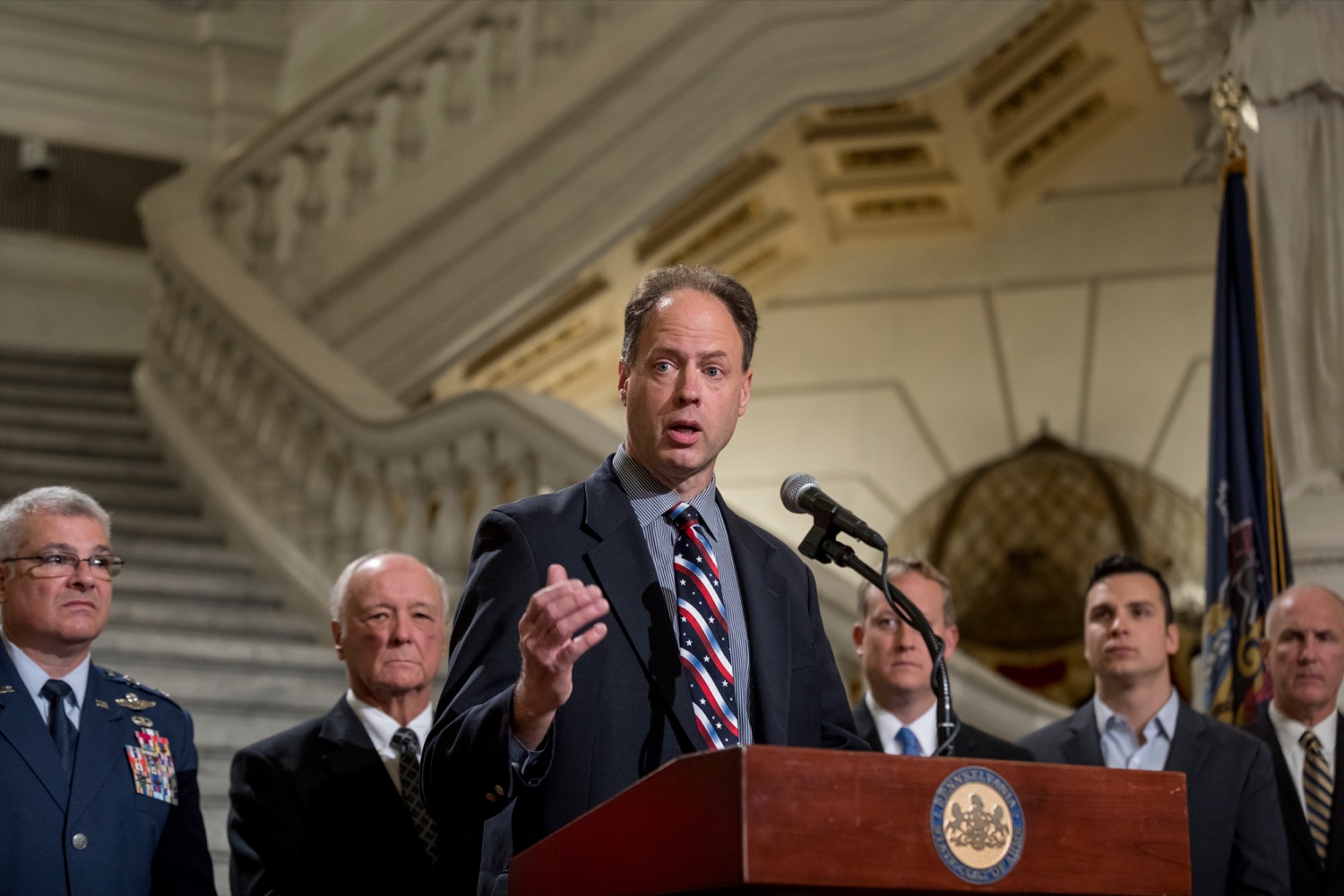 State Rep. Tom Murt speaks during a press conference outlining how competition for qualified individuals among all employment sectors affects military recruiting efforts and warrants greater investment in our next generation inside the Capitol Rotunda on Tuesday, November 12, 2019.<br><a href="https://filesource.amperwave.net/commonwealthofpa/photo/17588_GOV_Mission_Readiness_NK_010.JPG" target="_blank">⇣ Download Photo</a>