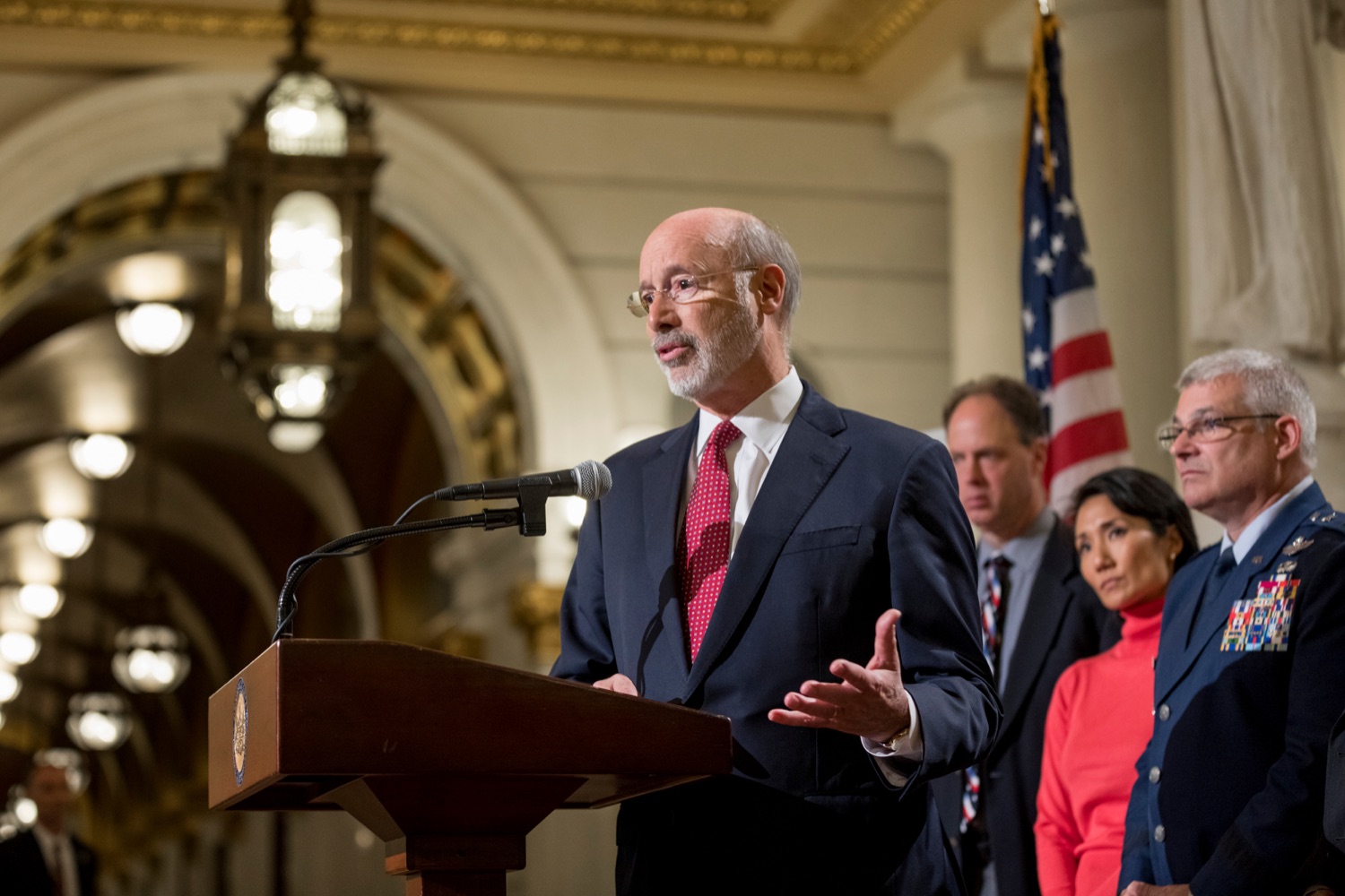 Pennsylvania Governor Tom Wolf speaks during a press conference outlining how competition for qualified individuals among all employment sectors affects military recruiting efforts and warrants greater investment in our next generation inside the Capitol Rotunda on Tuesday, November 12, 2019.<br><a href="https://filesource.amperwave.net/commonwealthofpa/photo/17588_GOV_Mission_Readiness_NK_011.JPG" target="_blank">⇣ Download Photo</a>