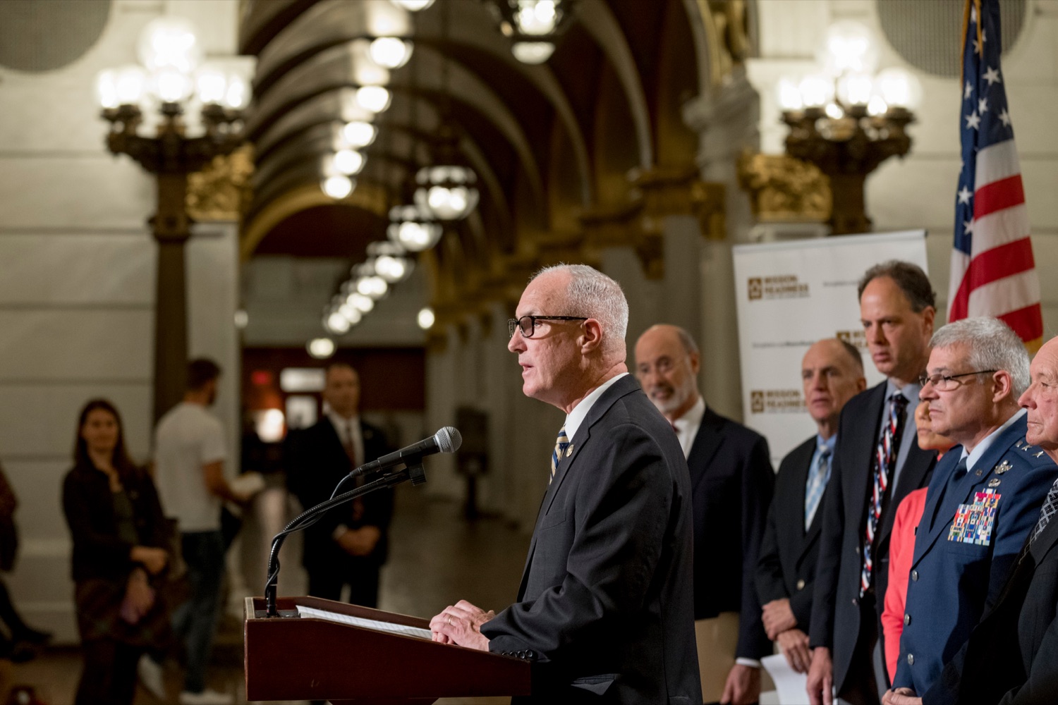 State Rep. Tom Murt speaks during a press conference outlining how competition for qualified individuals among all employment sectors affects military recruiting efforts and warrants greater investment in our next generation inside the Capitol Rotunda on Tuesday, November 12, 2019.<br><a href="https://filesource.amperwave.net/commonwealthofpa/photo/17588_GOV_Mission_Readiness_NK_014.JPG" target="_blank">⇣ Download Photo</a>