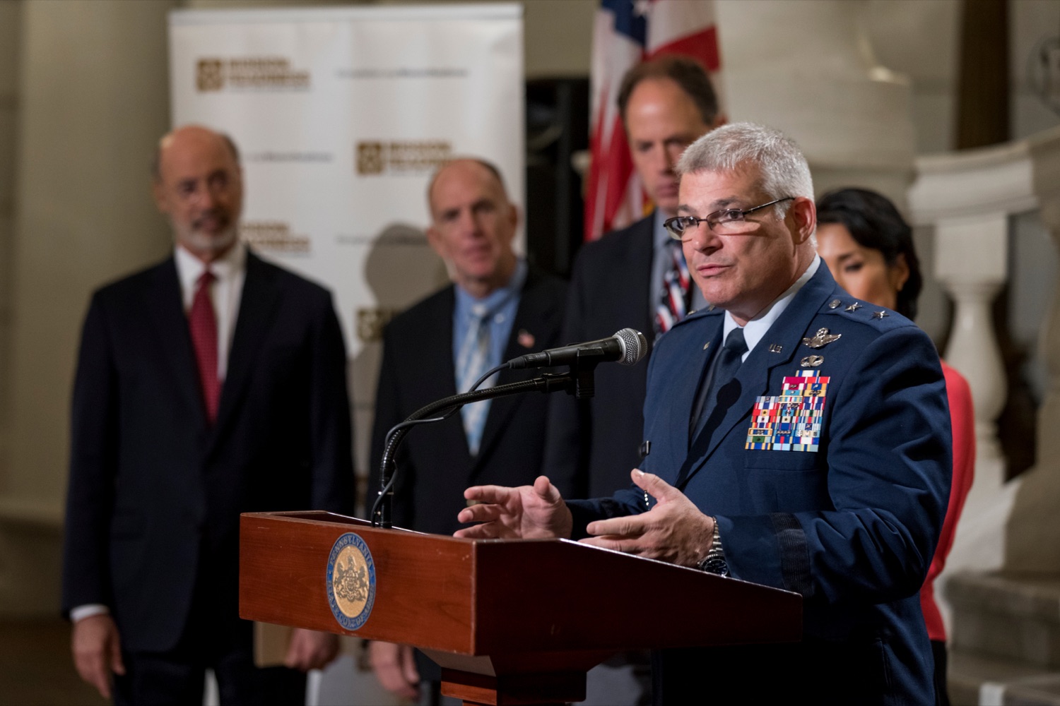 Maj. Gen. Anthony Carrelli, USAF and adjutant general of Pennsylvania, speaks during a press conference outlining how competition for qualified individuals among all employment sectors affects military recruiting efforts and warrants greater investment in our next generation inside the Capitol Rotunda on Tuesday, November 12, 2019.<br><a href="https://filesource.amperwave.net/commonwealthofpa/photo/17588_GOV_Mission_Readiness_NK_016.JPG" target="_blank">⇣ Download Photo</a>