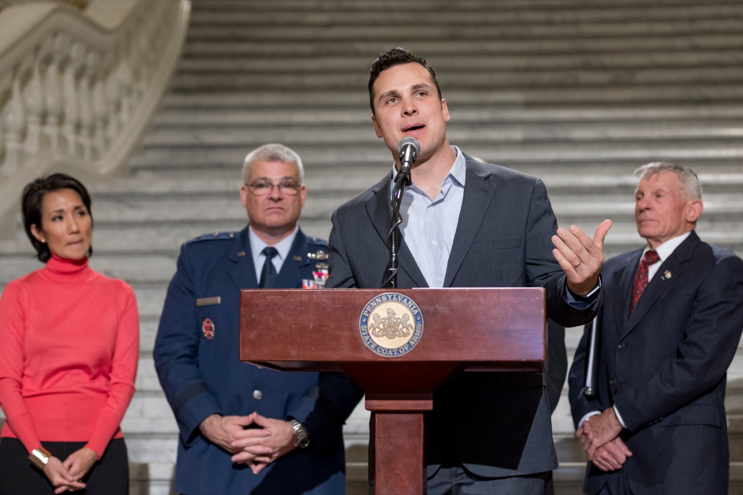 State Rep. Andrew Lewis speaks during a press conference outlining how competition for qualified individuals among all employment sectors affects military recruiting efforts and warrants greater investment in our next generation inside the Capitol Rotunda on Tuesday, November 12, 2019.<br><a href="https://filesource.amperwave.net/commonwealthofpa/photo/17588_GOV_Mission_Readiness_NK_017.JPG" target="_blank">⇣ Download Photo</a>