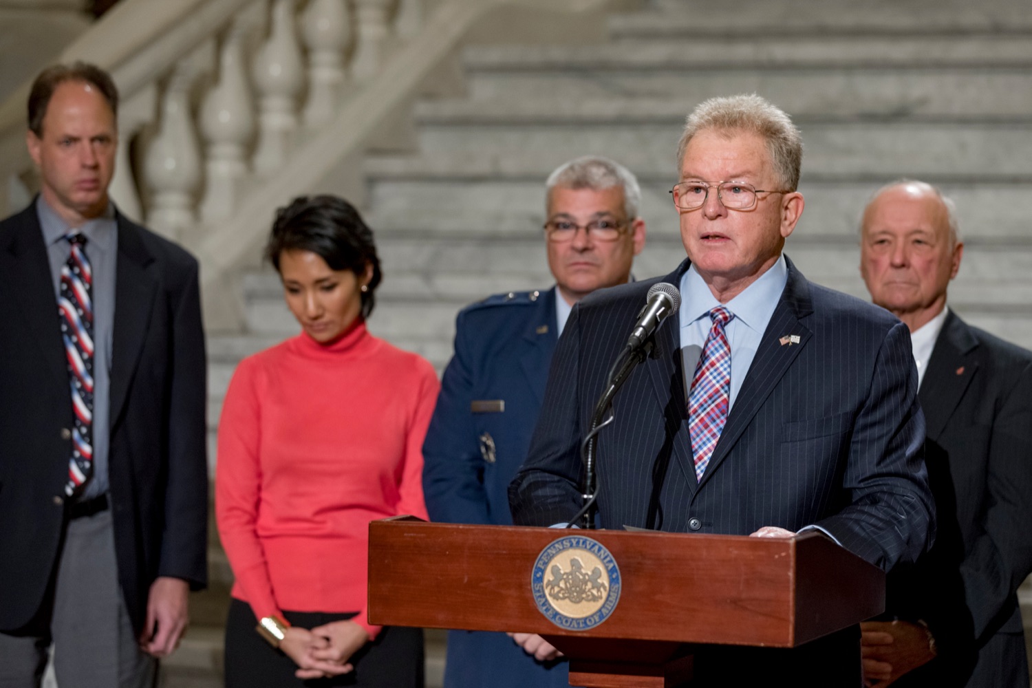 Rear Admiral Thomas Wilson, USN (Ret.), speaks during a press conference outlining how competition for qualified individuals among all employment sectors affects military recruiting efforts and warrants greater investment in our next generation inside the Capitol Rotunda on Tuesday, November 12, 2019.<br><a href="https://filesource.amperwave.net/commonwealthofpa/photo/17588_GOV_Mission_Readiness_NK_020.JPG" target="_blank">⇣ Download Photo</a>