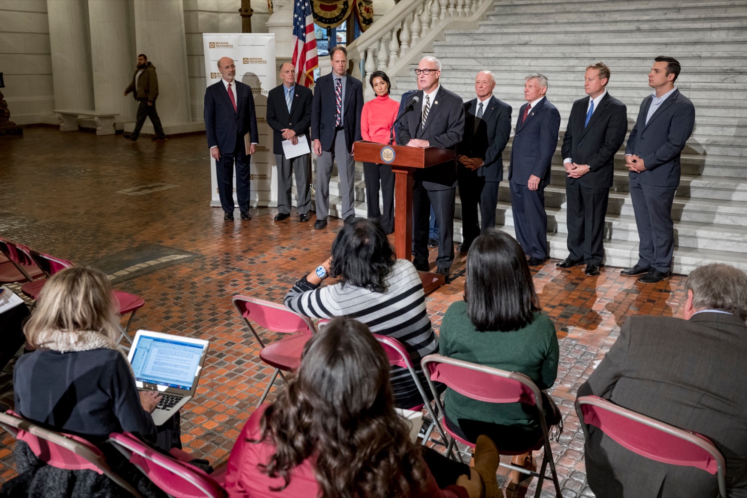 State Rep. Tom Murt speaks during a press conference outlining how competition for qualified individuals among all employment sectors affects military recruiting efforts and warrants greater investment in our next generation inside the Capitol Rotunda on Tuesday, November 12, 2019.<br><a href="https://filesource.amperwave.net/commonwealthofpa/photo/17588_GOV_Mission_Readiness_NK_021.JPG" target="_blank">⇣ Download Photo</a>
