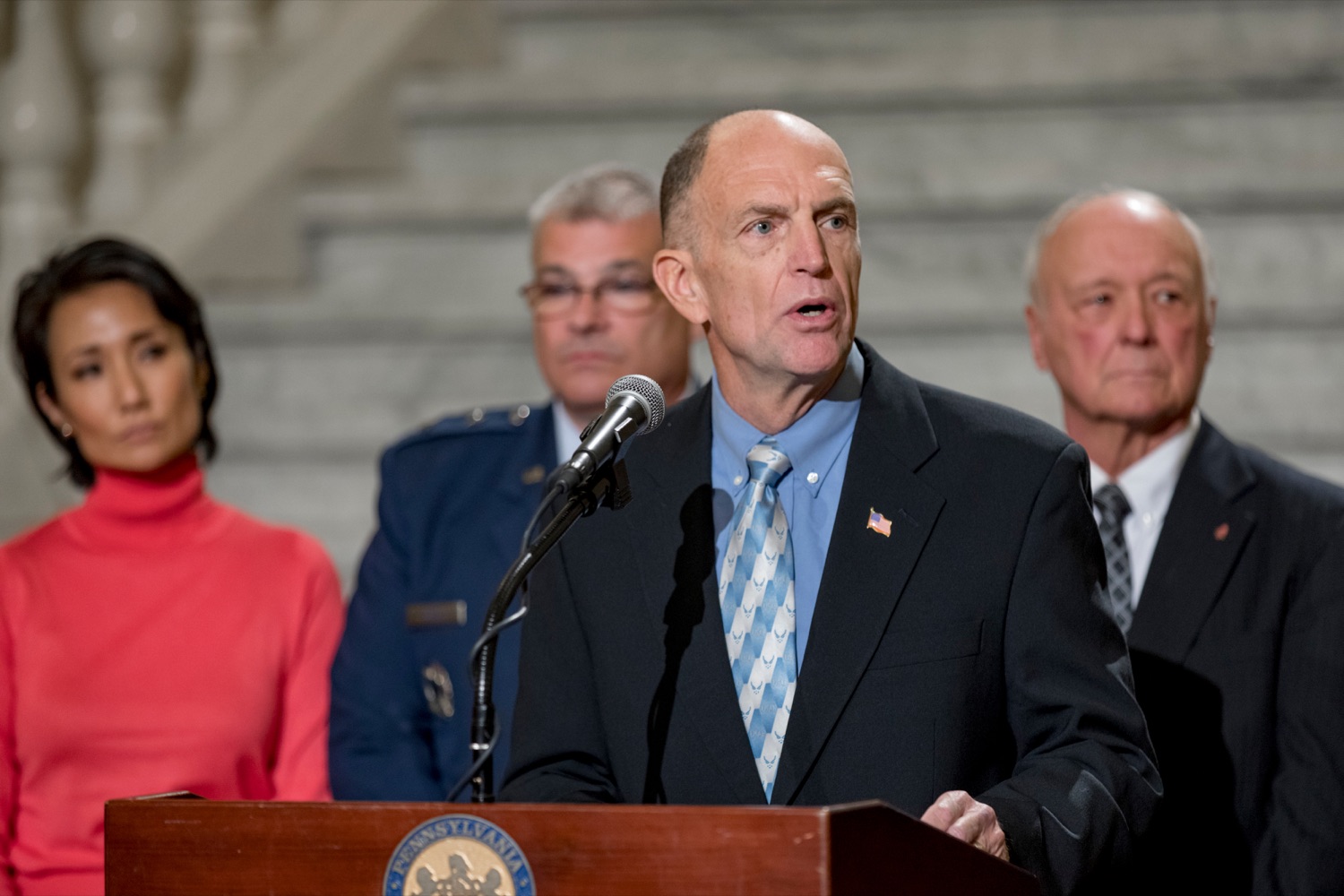 Lt. Gen. Ralph Jodice, USAF (Ret.),  speaks during a press conference outlining how competition for qualified individuals among all employment sectors affects military recruiting efforts and warrants greater investment in our next generation inside the Capitol Rotunda on Tuesday, November 12, 2019.<br><a href="https://filesource.amperwave.net/commonwealthofpa/photo/17588_GOV_Mission_Readiness_NK_022.JPG" target="_blank">⇣ Download Photo</a>