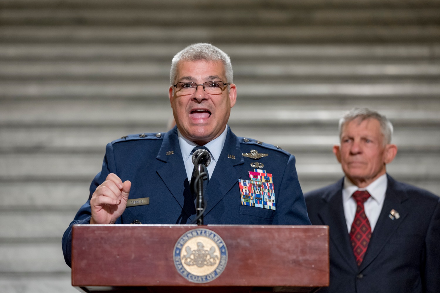 Maj. Gen. Anthony Carrelli, USAF and adjutant general of Pennsylvania, speaks during a press conference outlining how competition for qualified individuals among all employment sectors affects military recruiting efforts and warrants greater investment in our next generation inside the Capitol Rotunda on Tuesday, November 12, 2019.<br><a href="https://filesource.amperwave.net/commonwealthofpa/photo/17588_GOV_Mission_Readiness_NK_023.JPG" target="_blank">⇣ Download Photo</a>