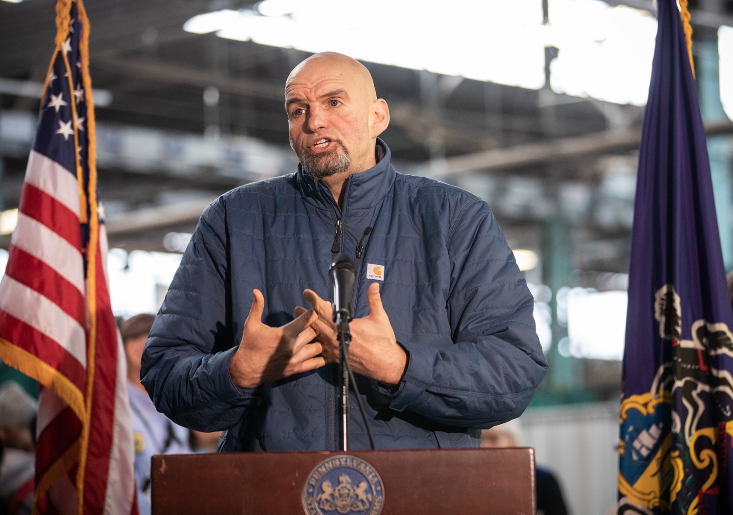 Lt. Governor John Fetterman speaking at the Pennsylvania Farm Show butter sculpture unveiling.Lt. Governor John Fetterman and Secretary of Agriculture Russell Redding today unveiled the 2020 Pennsylvania Farm Show butter sculpture, carved from a half-ton of butter depicting three of Pennsylvanias beloved professional sports mascots: Philadelphia Flyers Gritty, Philadelphia Eagles Swoop, and Pittsburgh Steelers Steely McBeam celebrating with a spread of Pennsylvania dairy products. The sculpture, a long-time Farm Show staple, encourages Pennsylvanians to be a fan of Pennsylvania dairy and give a cheer to the more than 6,200 dairy farmers in the commonwealth.  Harrisburg, PA  January 2, 2020<br><a href="https://filesource.amperwave.net/commonwealthofpa/photo/17646_agric_butter_sculpture_dz_016.jpg" target="_blank">⇣ Download Photo</a>