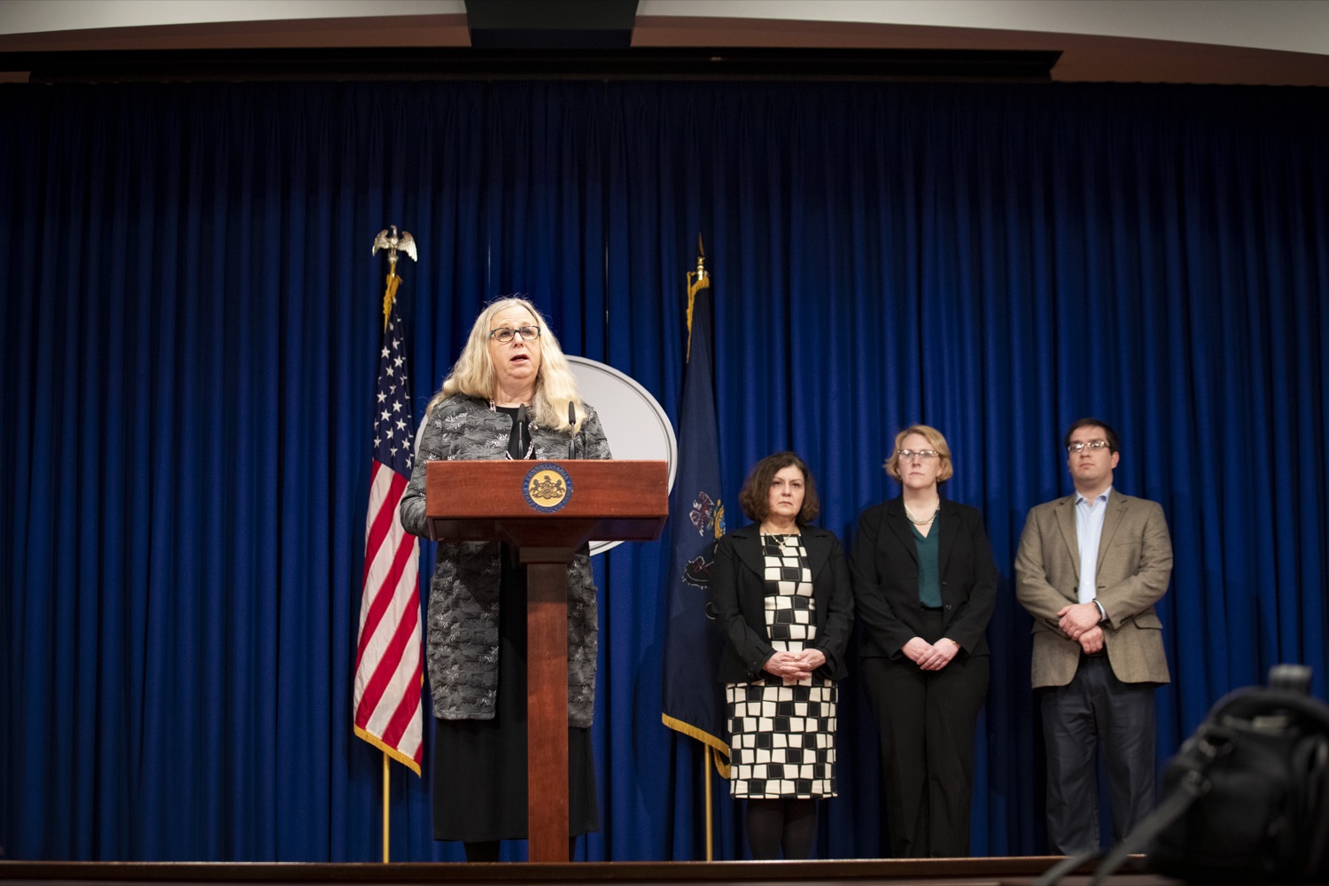 Secretary of Health Dr. Rachel Levine, joined on stage by Department of Health professionals, answers questions from the media, at the Harrisburg Capitol on February 26, 2020. The department wants to ensure that health systems, first responders, and municipal health departments have the resources they need to prevent COVID-19 from spreading.<br><a href="https://filesource.amperwave.net/commonwealthofpa/photo/17819_DOH_CORONA_VIRUS_CZ_04.jpg" target="_blank">⇣ Download Photo</a>