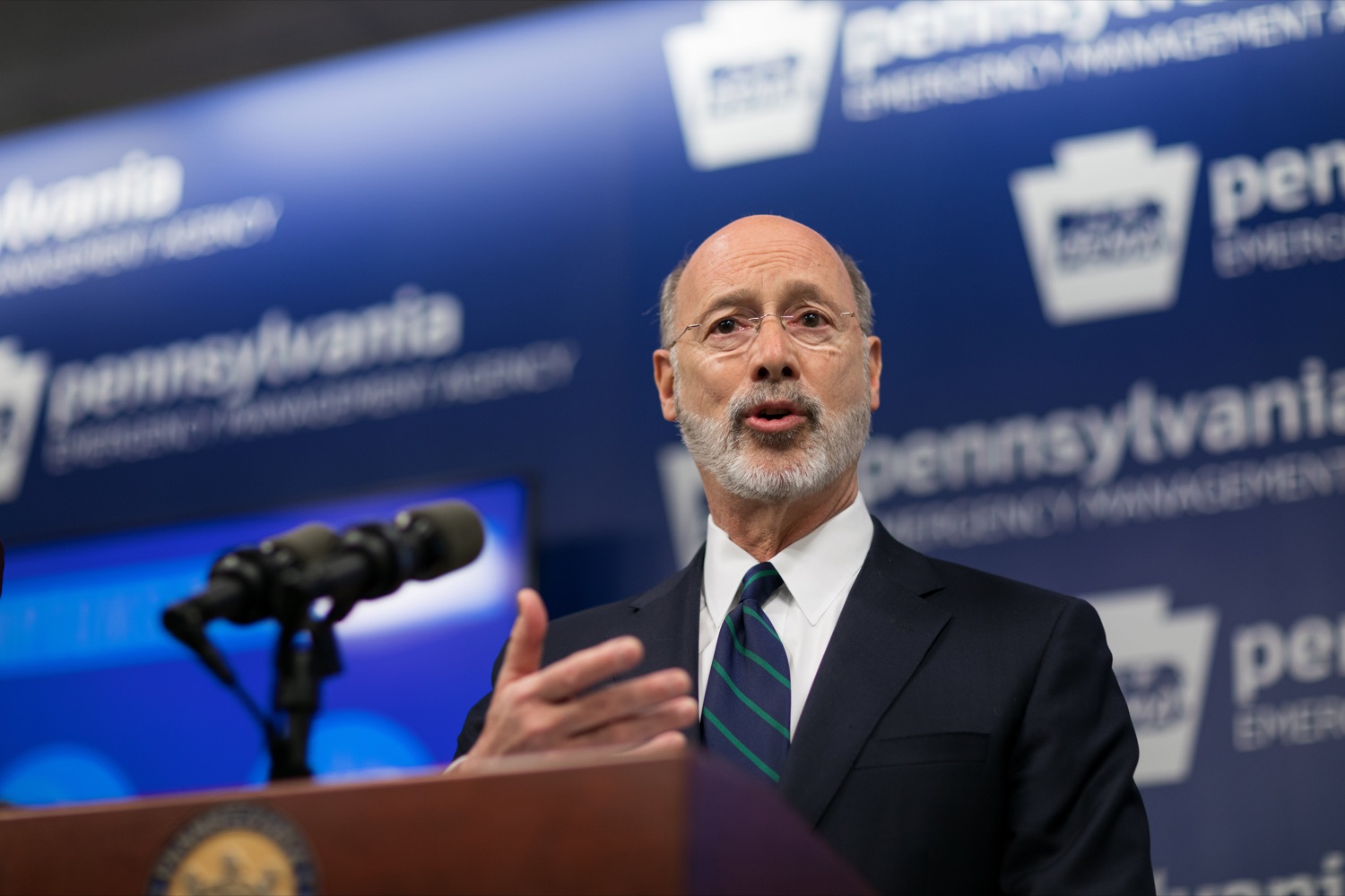 Gov. Tom Wolf speaks during a press conference, which confirmed the first two presumptive positive cases of 2019 Novel Coronavirus (COVID-19) in Pennsylvania and reminded residents that the commonwealth is prepared to respond to community spread of this virus, inside PEMA headquarters on Wednesday, March 4, 2020.<br><a href="https://filesource.amperwave.net/commonwealthofpa/photo/17857_GOV_DOH_Coronavirus_NK_001.JPG" target="_blank">⇣ Download Photo</a>