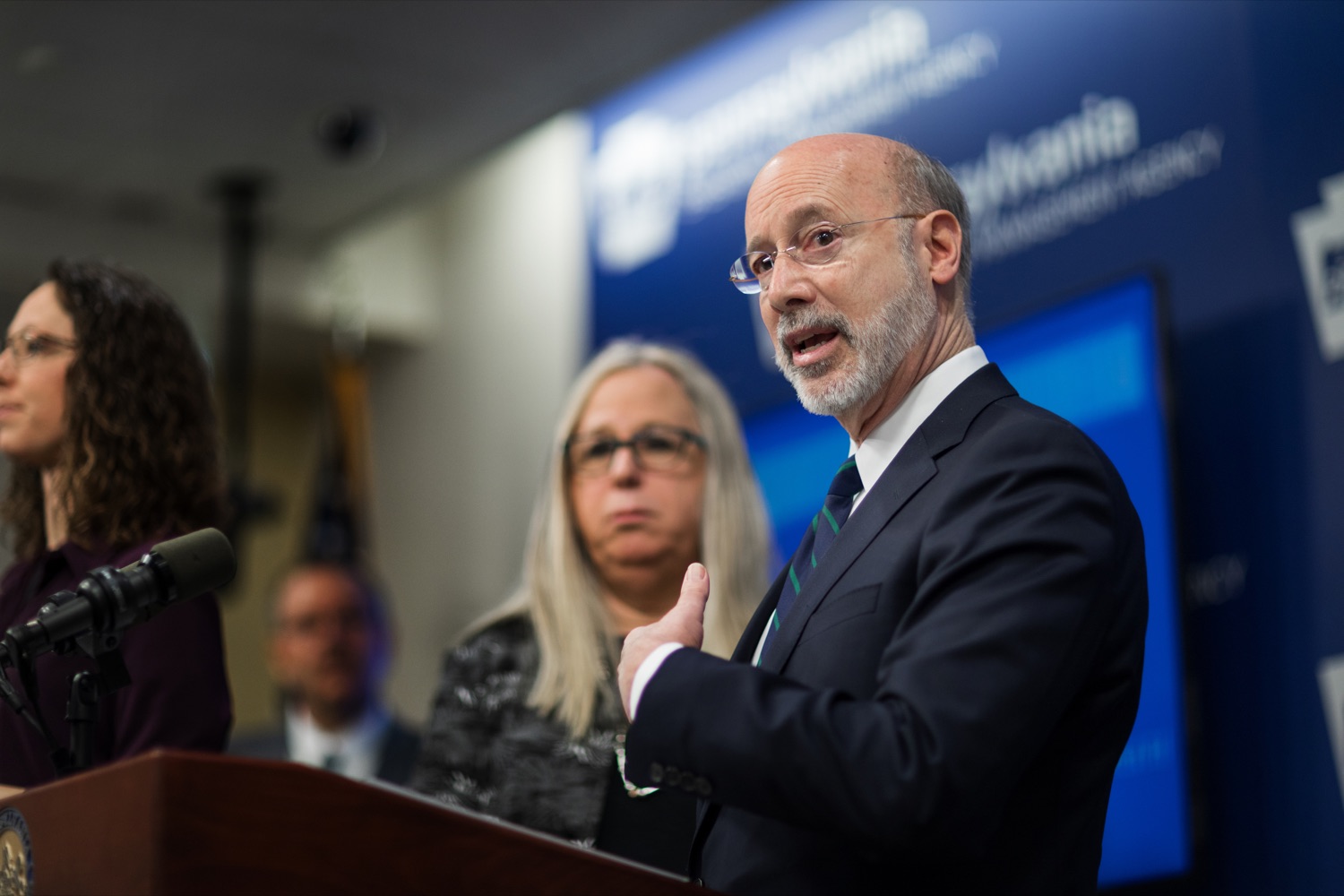 Gov. Tom Wolf speaks during a press conference, which confirmed the first two presumptive positive cases of 2019 Novel Coronavirus (COVID-19) in Pennsylvania and reminded residents that the commonwealth is prepared to respond to community spread of this virus, inside PEMA headquarters on Wednesday, March 4, 2020.<br><a href="https://filesource.amperwave.net/commonwealthofpa/photo/17857_GOV_DOH_Coronavirus_NK_003.JPG" target="_blank">⇣ Download Photo</a>