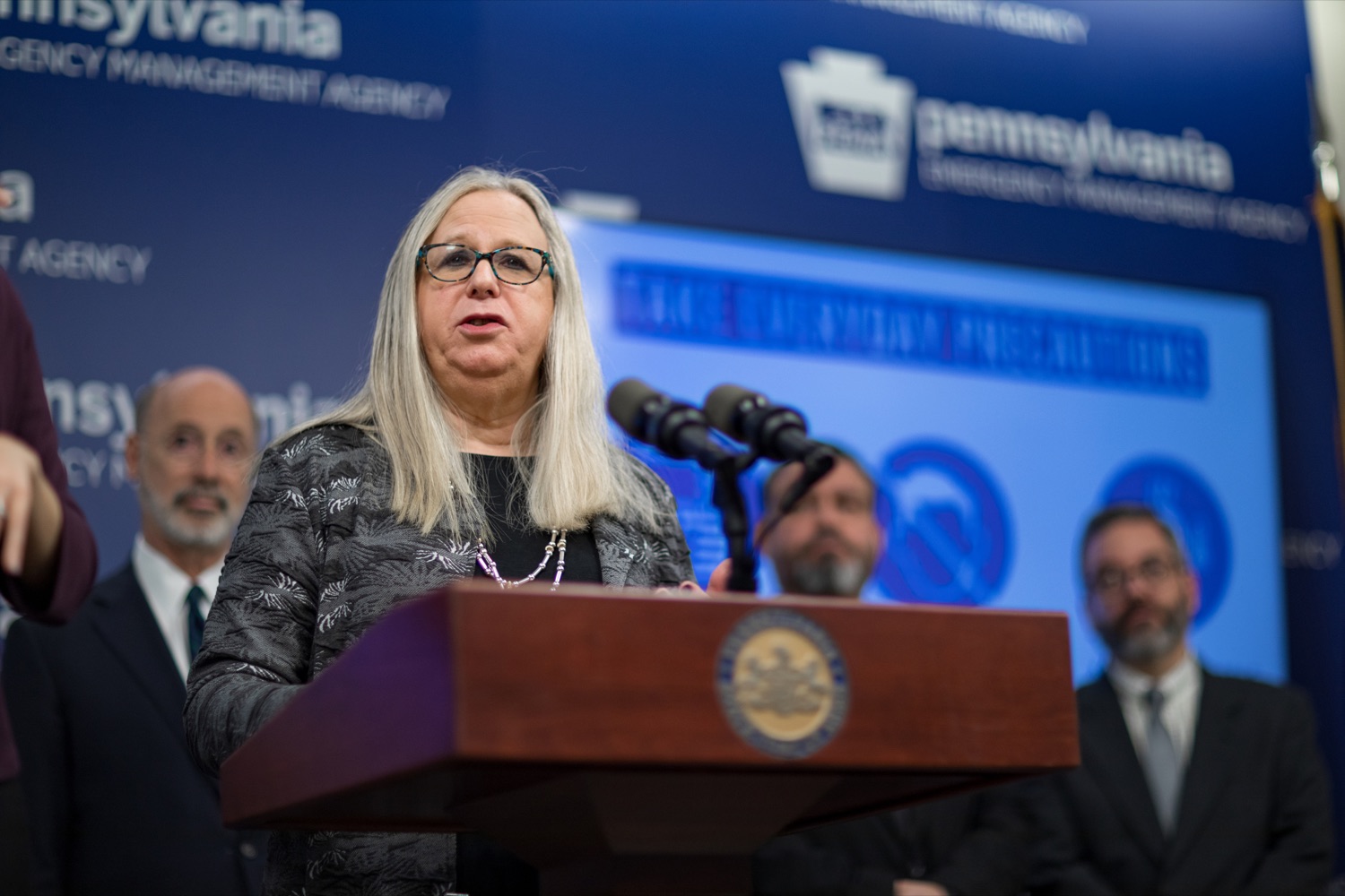 Pennsylvania Department of Health Secretary Dr. Rachel Levine speaks during a press conference, which confirmed the first two presumptive positive cases of 2019 Novel Coronavirus (COVID-19) in Pennsylvania and reminded residents that the commonwealth is prepared to respond to community spread of this virus, inside PEMA headquarters on Wednesday, March 4, 2020.<br><a href="https://filesource.amperwave.net/commonwealthofpa/photo/17857_GOV_DOH_Coronavirus_NK_007.JPG" target="_blank">⇣ Download Photo</a>
