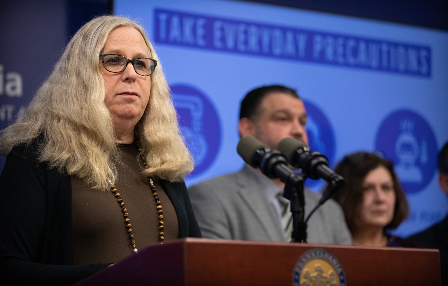 Secretary of Health Dr. Rachel Levine speaking to members of the press. The Pennsylvania Department of Health today confirmed three additional presumptive positive cases of COVID-19  two residents are from Montgomery County and one is from Monroe County. .MARCH 09, 2020 - HARRISBURG, PA.<br><a href="https://filesource.amperwave.net/commonwealthofpa/photo/17868_doh_update_corona_dz_0002.jpg" target="_blank">⇣ Download Photo</a>