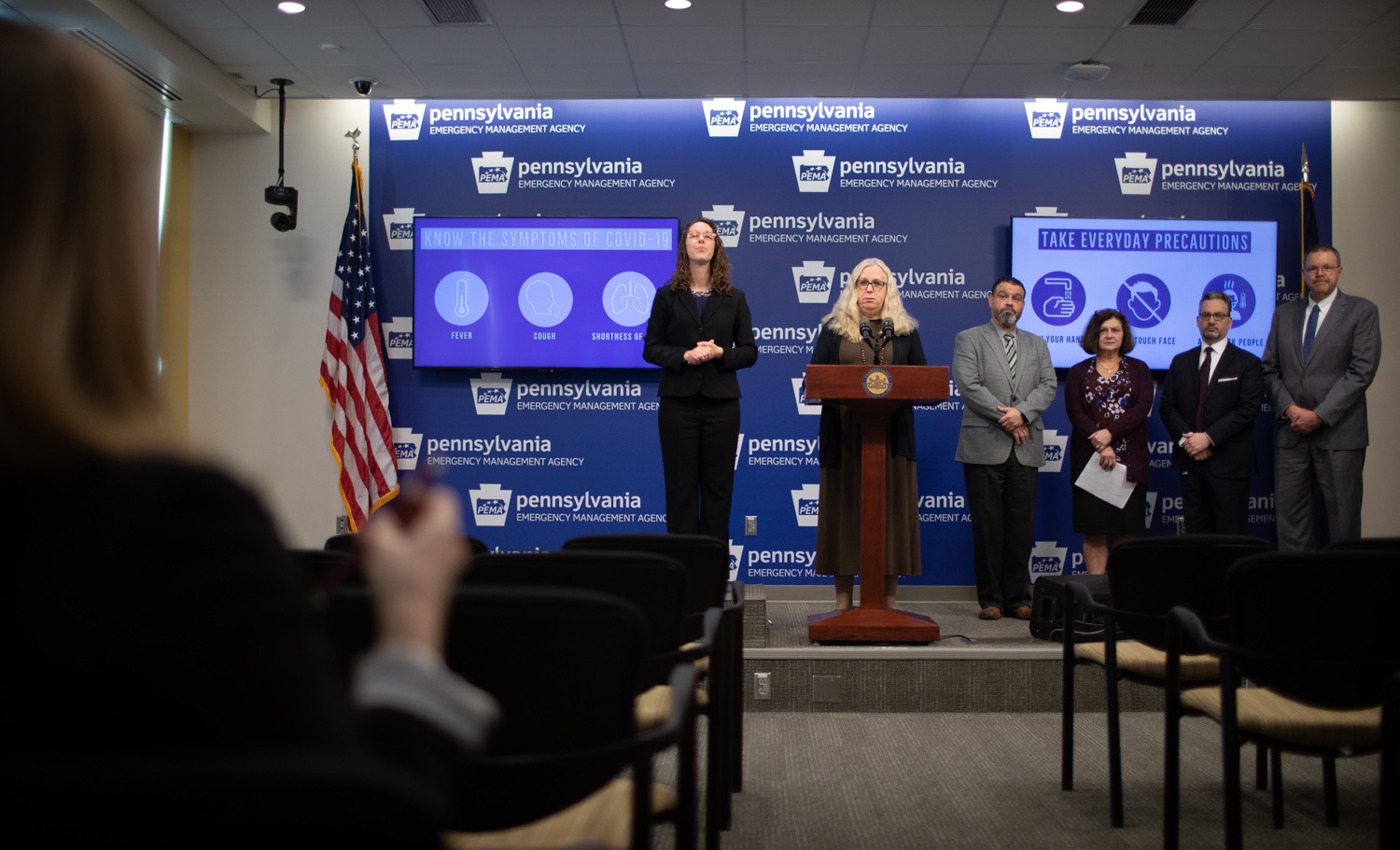 Secretary of Health Dr. Rachel Levine answering questions from members of the press. The Pennsylvania Department of Health today confirmed three additional presumptive positive cases of COVID-19  two residents are from Montgomery County and one is from Monroe County. .MARCH 09, 2020 - HARRISBURG, PA.<br><a href="https://filesource.amperwave.net/commonwealthofpa/photo/17868_doh_update_corona_dz_0004.jpg" target="_blank">⇣ Download Photo</a>
