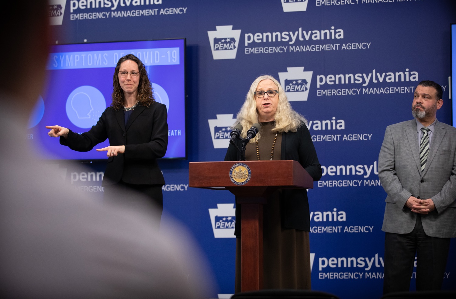 Secretary of Health Dr. Rachel Levine answering questions from members of the press. The Pennsylvania Department of Health today confirmed three additional presumptive positive cases of COVID-19  two residents are from Montgomery County and one is from Monroe County. .MARCH 09, 2020 - HARRISBURG, PA.<br><a href="https://filesource.amperwave.net/commonwealthofpa/photo/17868_doh_update_corona_dz_0007.jpg" target="_blank">⇣ Download Photo</a>