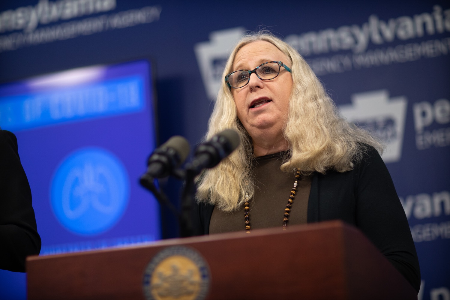 Secretary of Health Dr. Rachel Levine speaking to members of the press. The Pennsylvania Department of Health today confirmed three additional presumptive positive cases of COVID-19  two residents are from Montgomery County and one is from Monroe County. .MARCH 09, 2020 - HARRISBURG, PA.<br><a href="https://filesource.amperwave.net/commonwealthofpa/photo/17868_doh_update_corona_dz_0008.jpg" target="_blank">⇣ Download Photo</a>