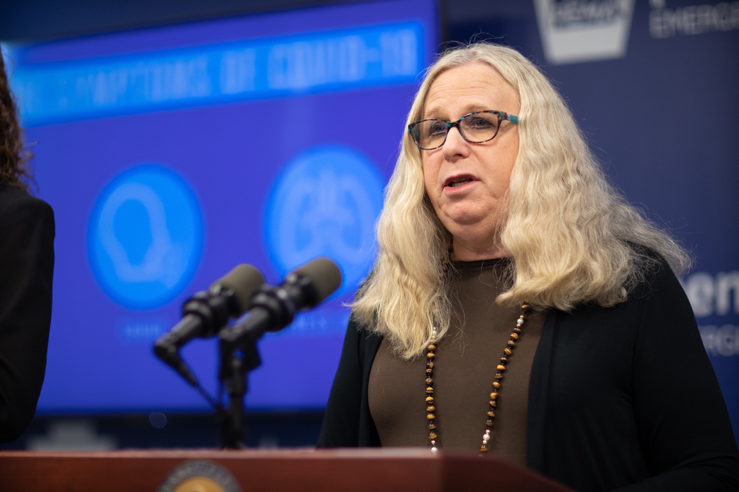 Secretary of Health Dr. Rachel Levine speaking to members of the press. The Pennsylvania Department of Health today confirmed three additional presumptive positive cases of COVID-19  two residents are from Montgomery County and one is from Monroe County. .MARCH 09, 2020 - HARRISBURG, PA.<br><a href="https://filesource.amperwave.net/commonwealthofpa/photo/17868_doh_update_corona_dz_0009.jpg" target="_blank">⇣ Download Photo</a>