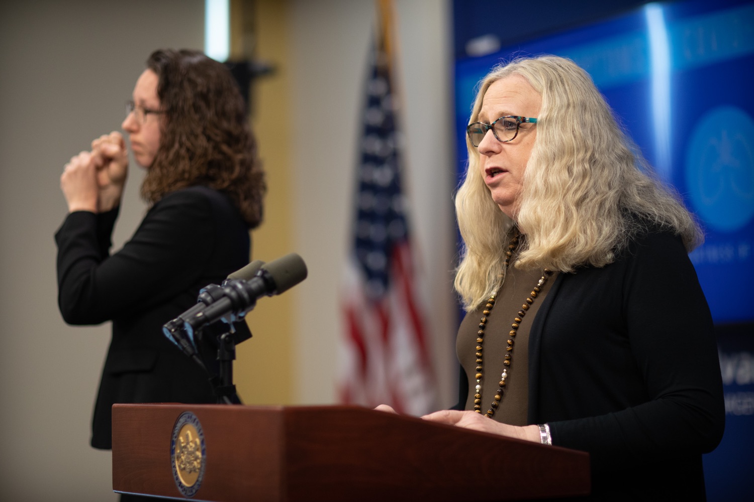 Secretary of Health Dr. Rachel Levine speaking to members of the press. The Pennsylvania Department of Health today confirmed three additional presumptive positive cases of COVID-19  two residents are from Montgomery County and one is from Monroe County. .MARCH 09, 2020 - HARRISBURG, PA.<br><a href="https://filesource.amperwave.net/commonwealthofpa/photo/17868_doh_update_corona_dz_0010.jpg" target="_blank">⇣ Download Photo</a>