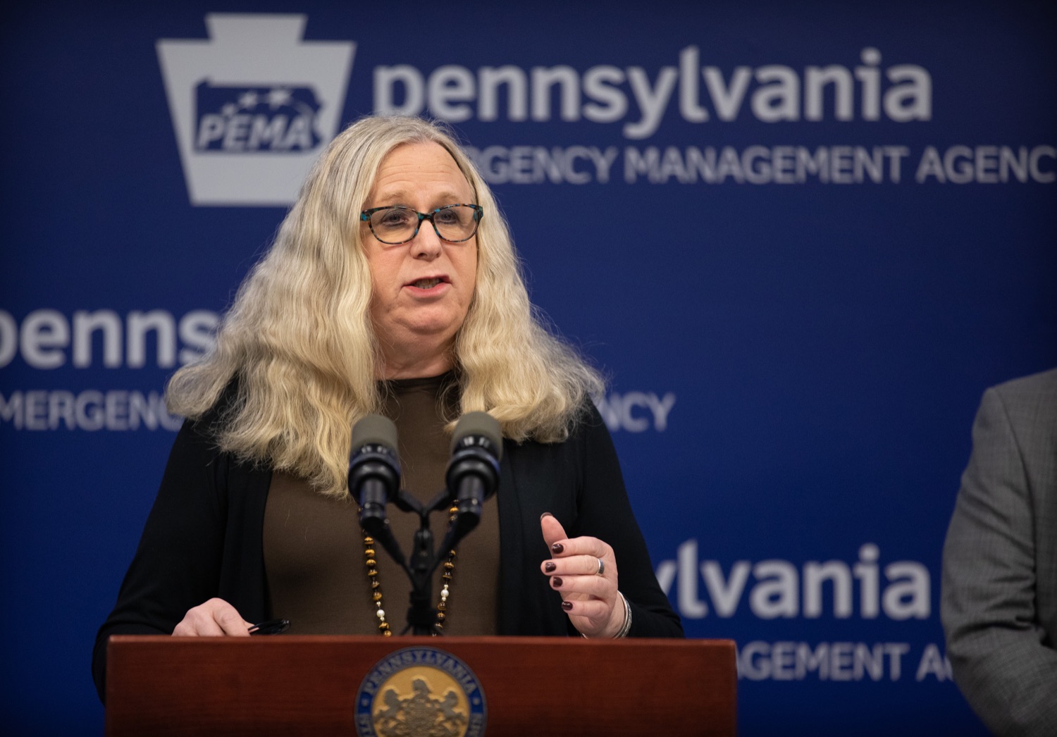 Secretary of Health Dr. Rachel Levine speaking to members of the press. The Pennsylvania Department of Health today confirmed three additional presumptive positive cases of COVID-19  two residents are from Montgomery County and one is from Monroe County. .MARCH 09, 2020 - HARRISBURG, PA.<br><a href="https://filesource.amperwave.net/commonwealthofpa/photo/17868_doh_update_corona_dz_0013.jpg" target="_blank">⇣ Download Photo</a>