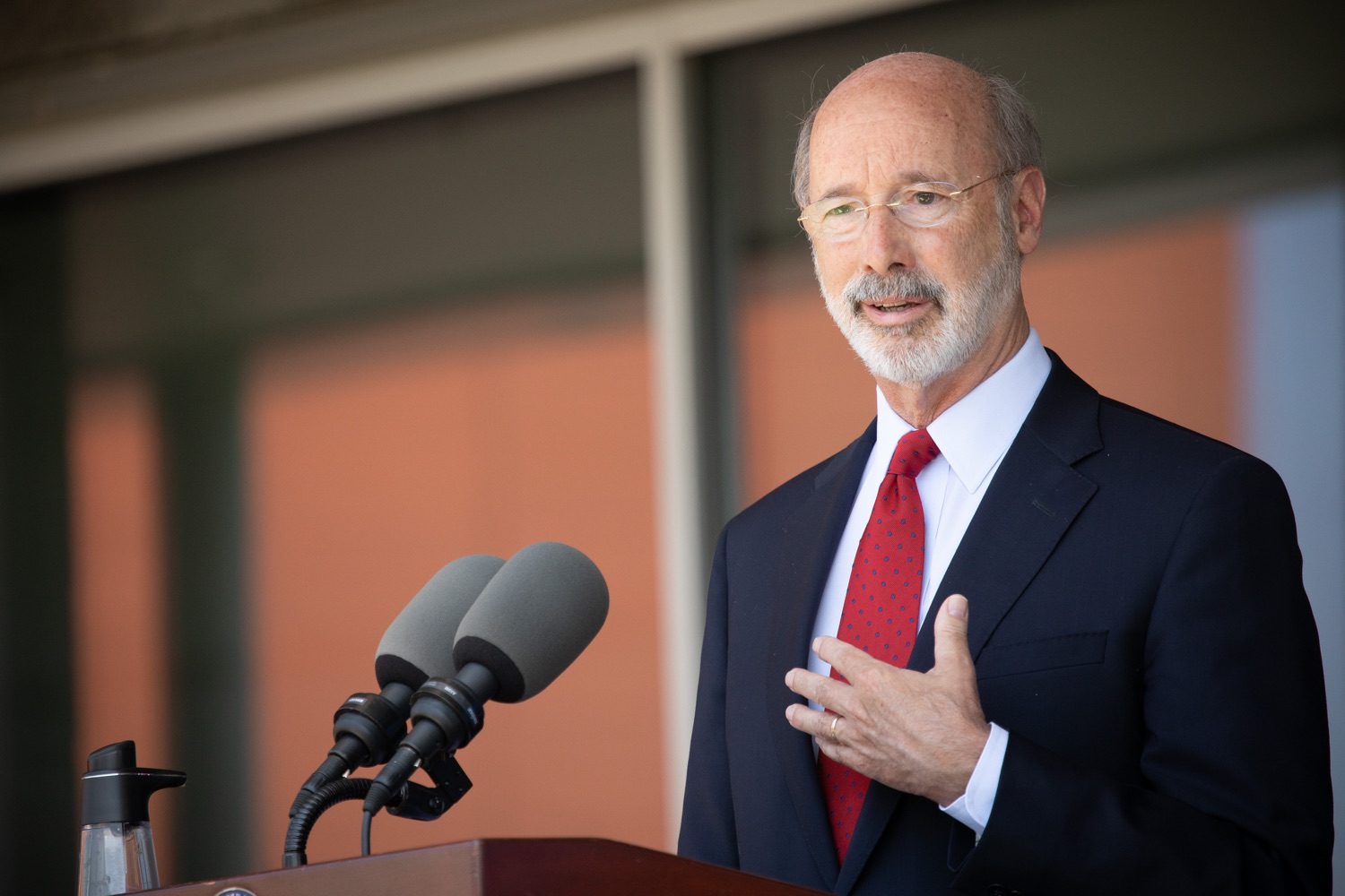Pennsylvania Governor Tom Wolf speaking with the press.  Governor Tom Wolf visited the child care center at PSECU headquarters in Harrisburg today to announce $53 million in additional financial support for child care providers that have suffered during COVID-19.  Harrisburg, PA  July 6, 2020..<br><a href="https://filesource.amperwave.net/commonwealthofpa/photo/18143_gov_cares_dz_06.jpg" target="_blank">⇣ Download Photo</a>