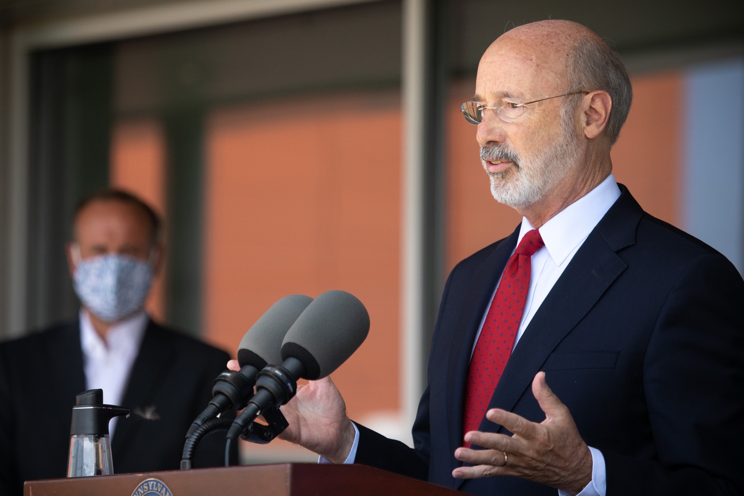 Pennsylvania Governor Tom Wolf speaking with the press.  Governor Tom Wolf visited the child care center at PSECU headquarters in Harrisburg today to announce $53 million in additional financial support for child care providers that have suffered during COVID-19.  Harrisburg, PA  July 6, 2020..<br><a href="https://filesource.amperwave.net/commonwealthofpa/photo/18143_gov_cares_dz_10.jpg" target="_blank">⇣ Download Photo</a>