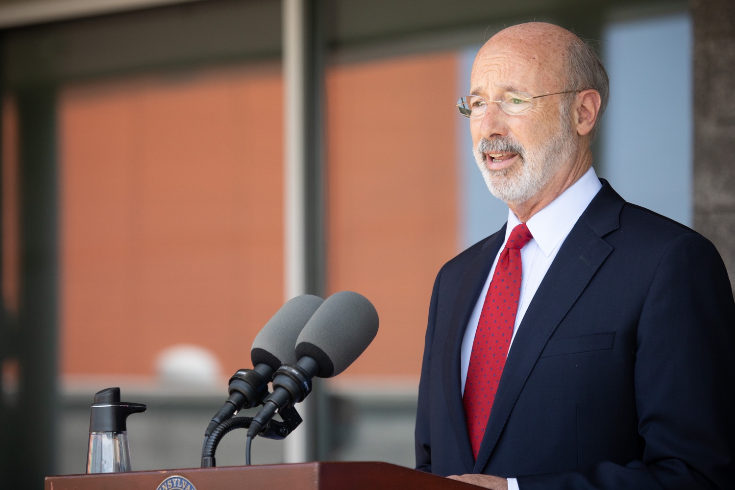 Pennsylvania Governor Tom Wolf speaking with the press.  Governor Tom Wolf visited the child care center at PSECU headquarters in Harrisburg today to announce $53 million in additional financial support for child care providers that have suffered during COVID-19.  Harrisburg, PA  July 6, 2020..<br><a href="https://filesource.amperwave.net/commonwealthofpa/photo/18143_gov_cares_dz_12.jpg" target="_blank">⇣ Download Photo</a>