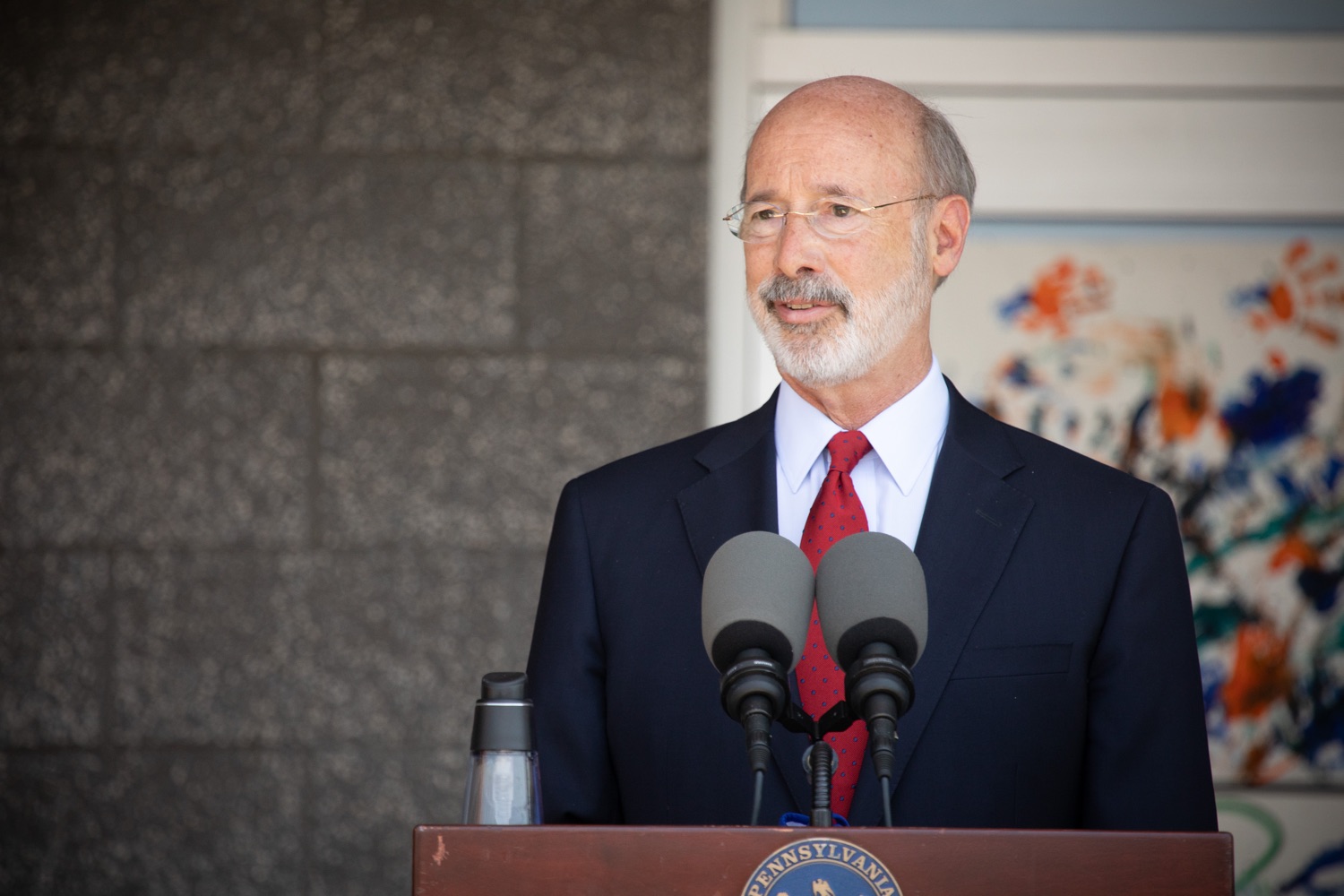 Pennsylvania Governor Tom Wolf speaking with the press.  Governor Tom Wolf visited the child care center at PSECU headquarters in Harrisburg today to announce $53 million in additional financial support for child care providers that have suffered during COVID-19.  Harrisburg, PA  July 6, 2020..<br><a href="https://filesource.amperwave.net/commonwealthofpa/photo/18143_gov_cares_dz_13.jpg" target="_blank">⇣ Download Photo</a>