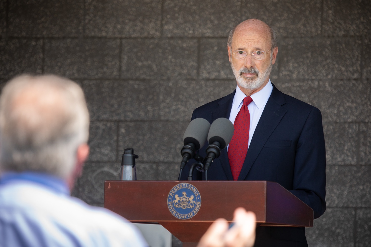 Pennsylvania Governor Tom Wolf speaking with the press.  Governor Tom Wolf visited the child care center at PSECU headquarters in Harrisburg today to announce $53 million in additional financial support for child care providers that have suffered during COVID-19.  Harrisburg, PA  July 6, 2020..<br><a href="https://filesource.amperwave.net/commonwealthofpa/photo/18143_gov_cares_dz_14.jpg" target="_blank">⇣ Download Photo</a>