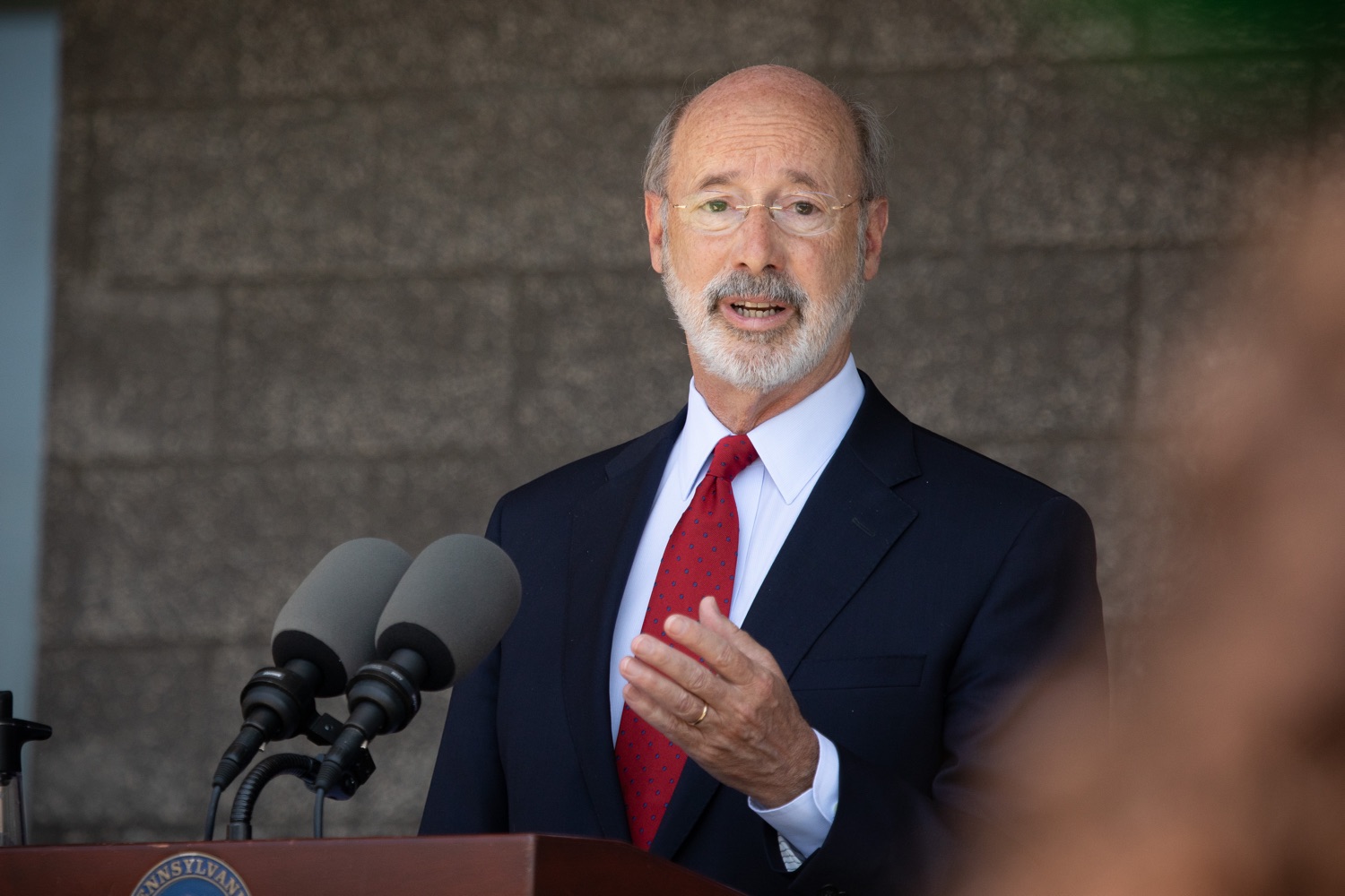 Pennsylvania Governor Tom Wolf speaking with the press.  Governor Tom Wolf visited the child care center at PSECU headquarters in Harrisburg today to announce $53 million in additional financial support for child care providers that have suffered during COVID-19.  Harrisburg, PA  July 6, 2020..<br><a href="https://filesource.amperwave.net/commonwealthofpa/photo/18143_gov_cares_dz_15.jpg" target="_blank">⇣ Download Photo</a>