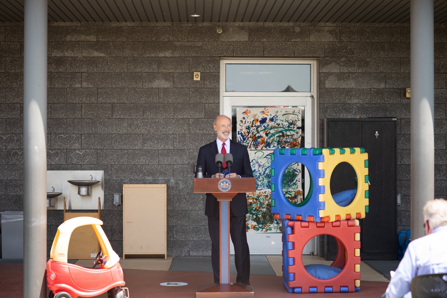 Pennsylvania Governor Tom Wolf speaking with the press.  Governor Tom Wolf visited the child care center at PSECU headquarters in Harrisburg today to announce $53 million in additional financial support for child care providers that have suffered during COVID-19.  Harrisburg, PA  July 6, 2020..<br><a href="https://filesource.amperwave.net/commonwealthofpa/photo/18143_gov_cares_dz_16.jpg" target="_blank">⇣ Download Photo</a>