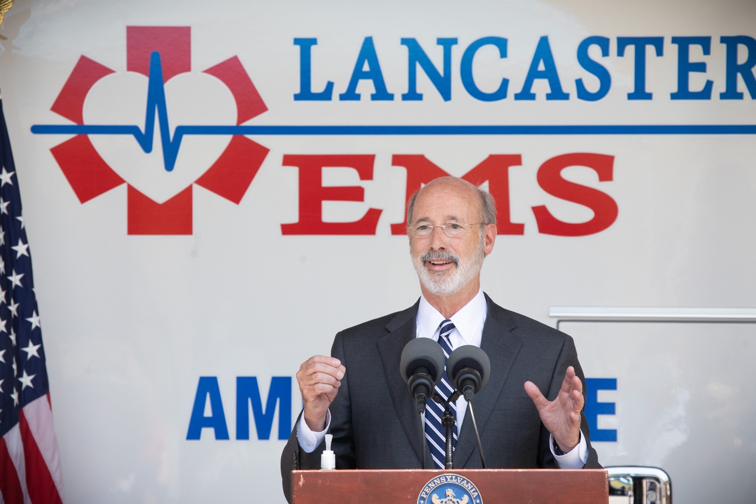 Pennsylvania Governor Tom Wolf speaking to the press. Governor Tom Wolf visited the Millersville location of Lancaster EMS today to thank first responders and learn about how they are adapting their critical work during the states response to the COVID-19 pandemic.  Millersville, PA  July 30, 2020<br><a href="https://filesource.amperwave.net/commonwealthofpa/photo/18180_gov_first_responders_dz_001.jpg" target="_blank">⇣ Download Photo</a>