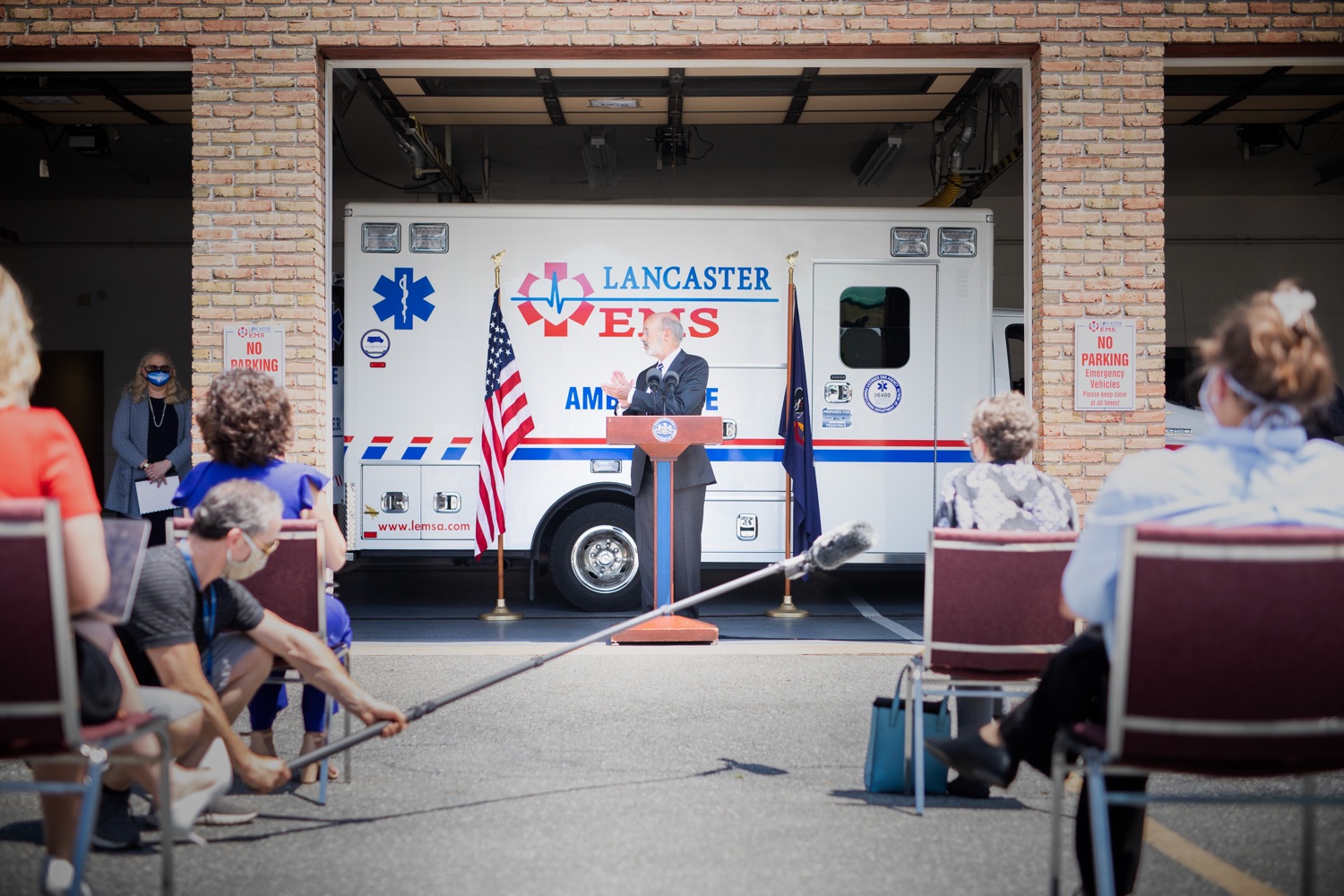 Pennsylvania Governor Tom Wolf speaking to the press. Governor Tom Wolf visited the Millersville location of Lancaster EMS today to thank first responders and learn about how they are adapting their critical work during the states response to the COVID-19 pandemic.  Millersville, PA  July 30, 2020<br><a href="https://filesource.amperwave.net/commonwealthofpa/photo/18180_gov_first_responders_dz_005.jpg" target="_blank">⇣ Download Photo</a>
