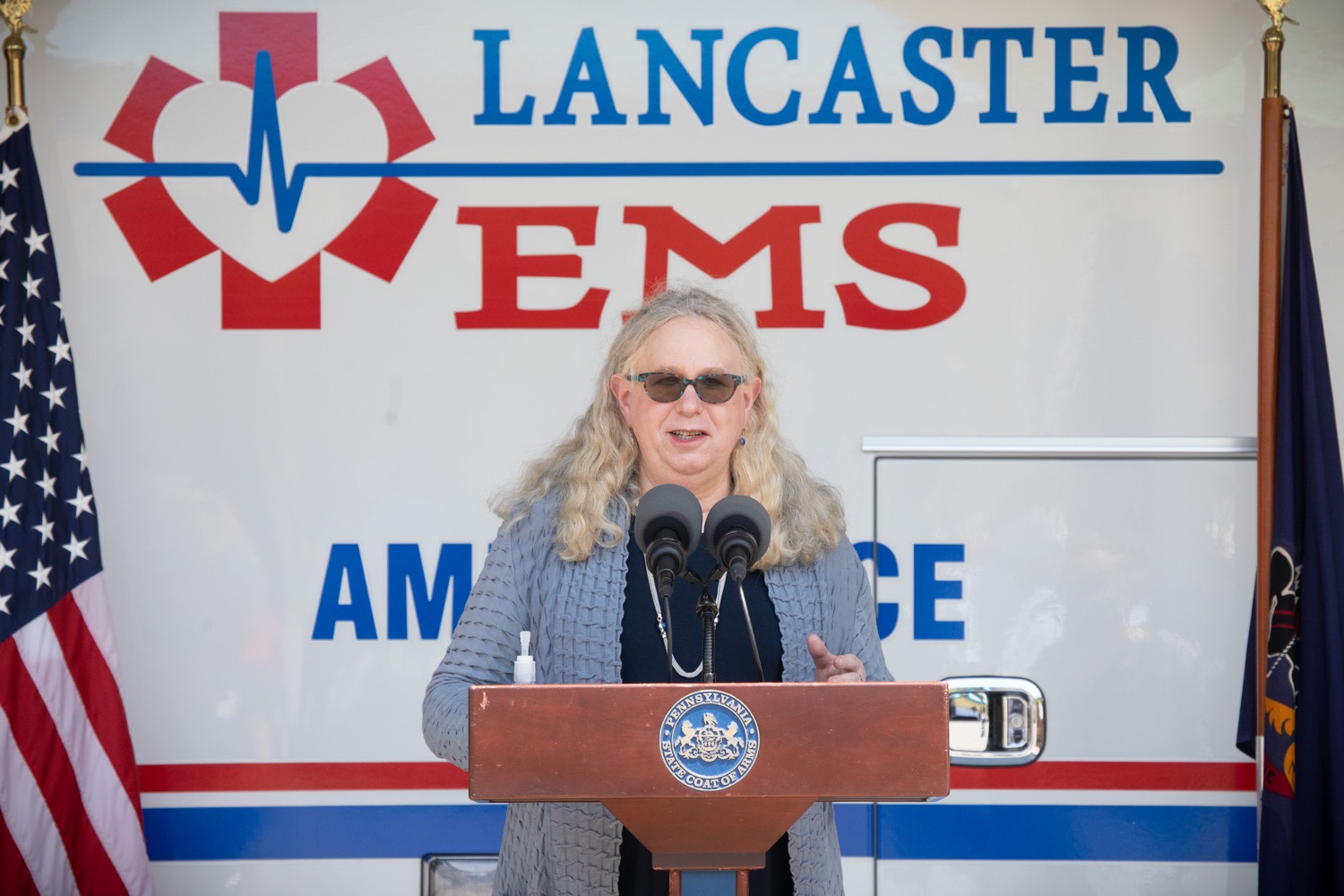 Secretary of Health for the Commonwealth of Pennsylvania, Dr. Rachel Levine, speaking to the press. Governor Tom Wolf visited the Millersville location of Lancaster EMS today to thank first responders and learn about how they are adapting their critical work during the states response to the COVID-19 pandemic.  Millersville, PA  July 30, 2020<br><a href="https://filesource.amperwave.net/commonwealthofpa/photo/18180_gov_first_responders_dz_010.jpg" target="_blank">⇣ Download Photo</a>