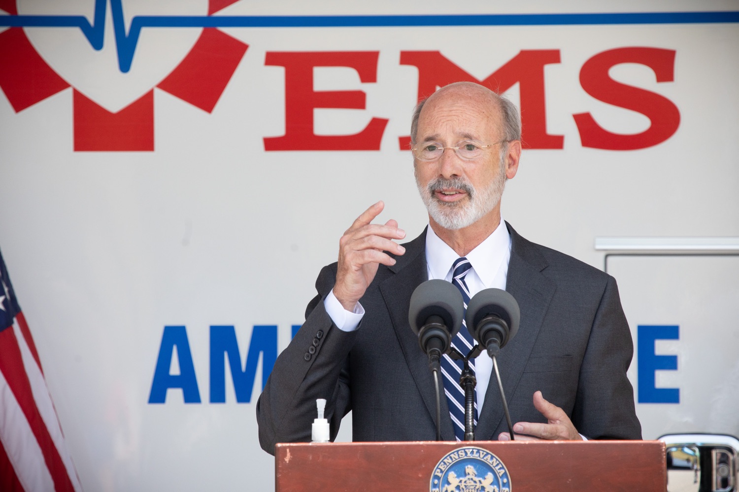 Pennsylvania Governor Tom Wolf speaking to the press. Governor Tom Wolf visited the Millersville location of Lancaster EMS today to thank first responders and learn about how they are adapting their critical work during the states response to the COVID-19 pandemic.  Millersville, PA  July 30, 2020<br><a href="https://filesource.amperwave.net/commonwealthofpa/photo/18180_gov_first_responders_dz_011.jpg" target="_blank">⇣ Download Photo</a>