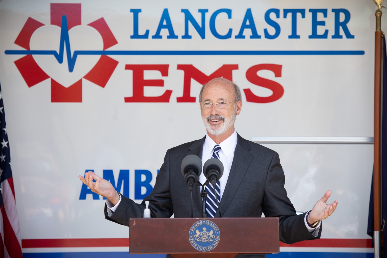 Pennsylvania Governor Tom Wolf speaking with Lancaster EMS employees and their families. Governor Tom Wolf visited the Millersville location of Lancaster EMS today to thank first responders and learn about how they are adapting their critical work during the states response to the COVID-19 pandemic.  Millersville, PA  July 30, 2020<br><a href="https://filesource.amperwave.net/commonwealthofpa/photo/18180_gov_first_responders_dz_015.jpg" target="_blank">⇣ Download Photo</a>