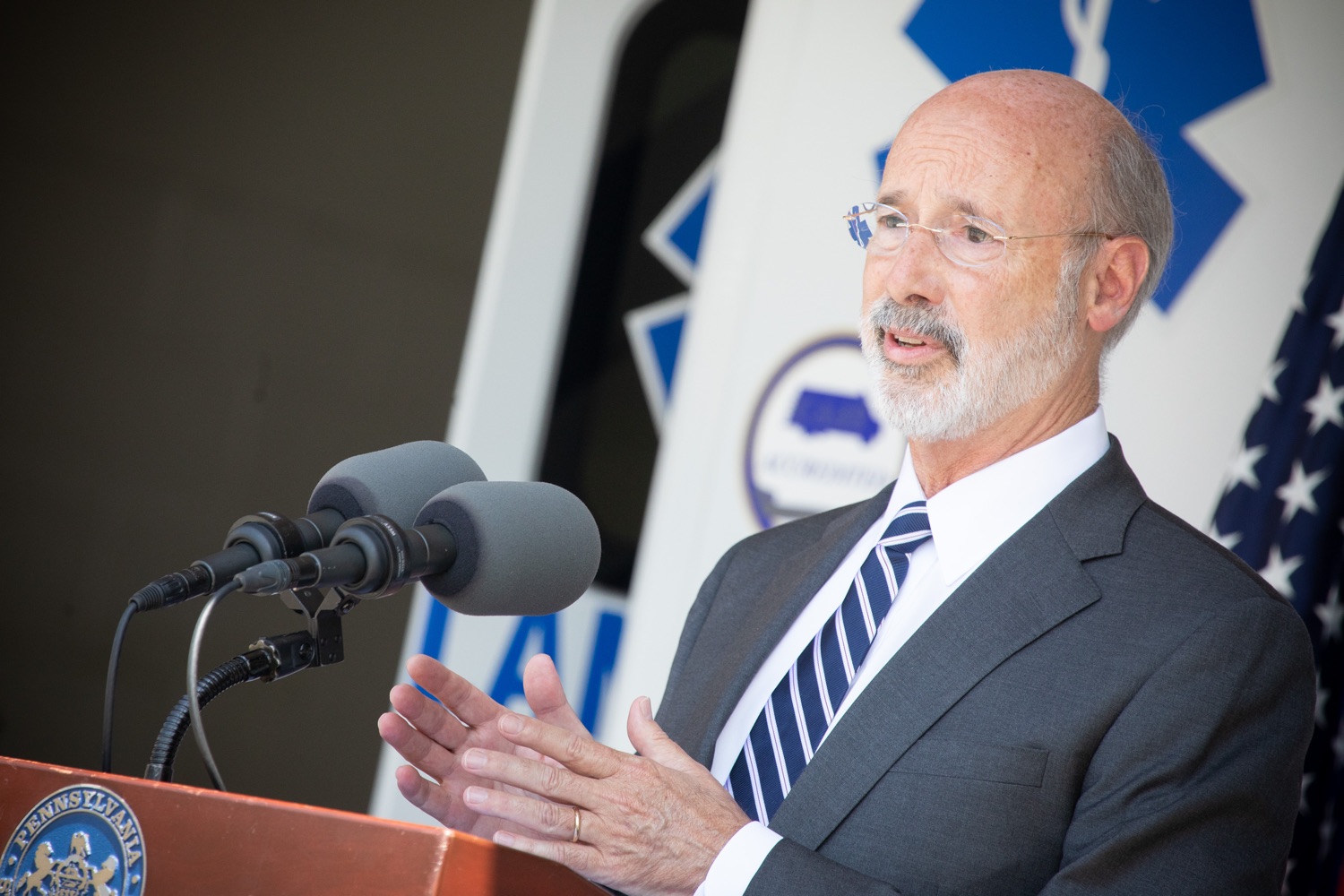 Pennsylvania Governor Tom Wolf speaking to the press. Governor Tom Wolf visited the Millersville location of Lancaster EMS today to thank first responders and learn about how they are adapting their critical work during the states response to the COVID-19 pandemic.  Millersville, PA  July 30, 2020<br><a href="https://filesource.amperwave.net/commonwealthofpa/photo/18180_gov_first_responders_dz_018.jpg" target="_blank">⇣ Download Photo</a>