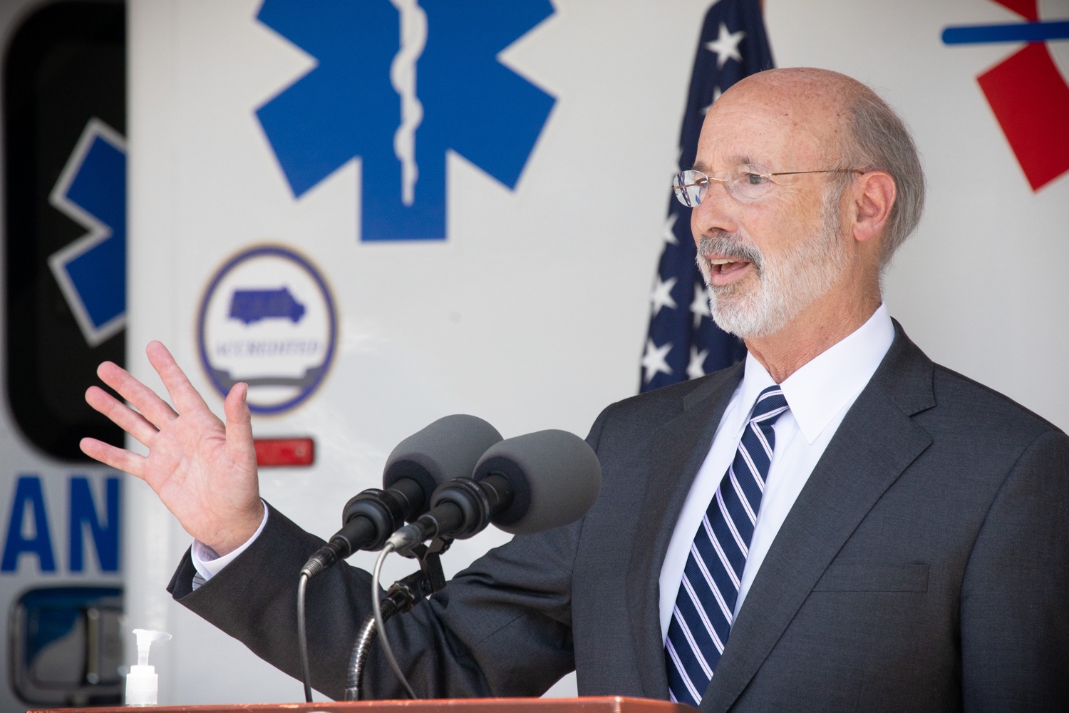Pennsylvania Governor Tom Wolf speaking to the press. Governor Tom Wolf visited the Millersville location of Lancaster EMS today to thank first responders and learn about how they are adapting their critical work during the states response to the COVID-19 pandemic.  Millersville, PA  July 30, 2020<br><a href="https://filesource.amperwave.net/commonwealthofpa/photo/18180_gov_first_responders_dz_021.jpg" target="_blank">⇣ Download Photo</a>