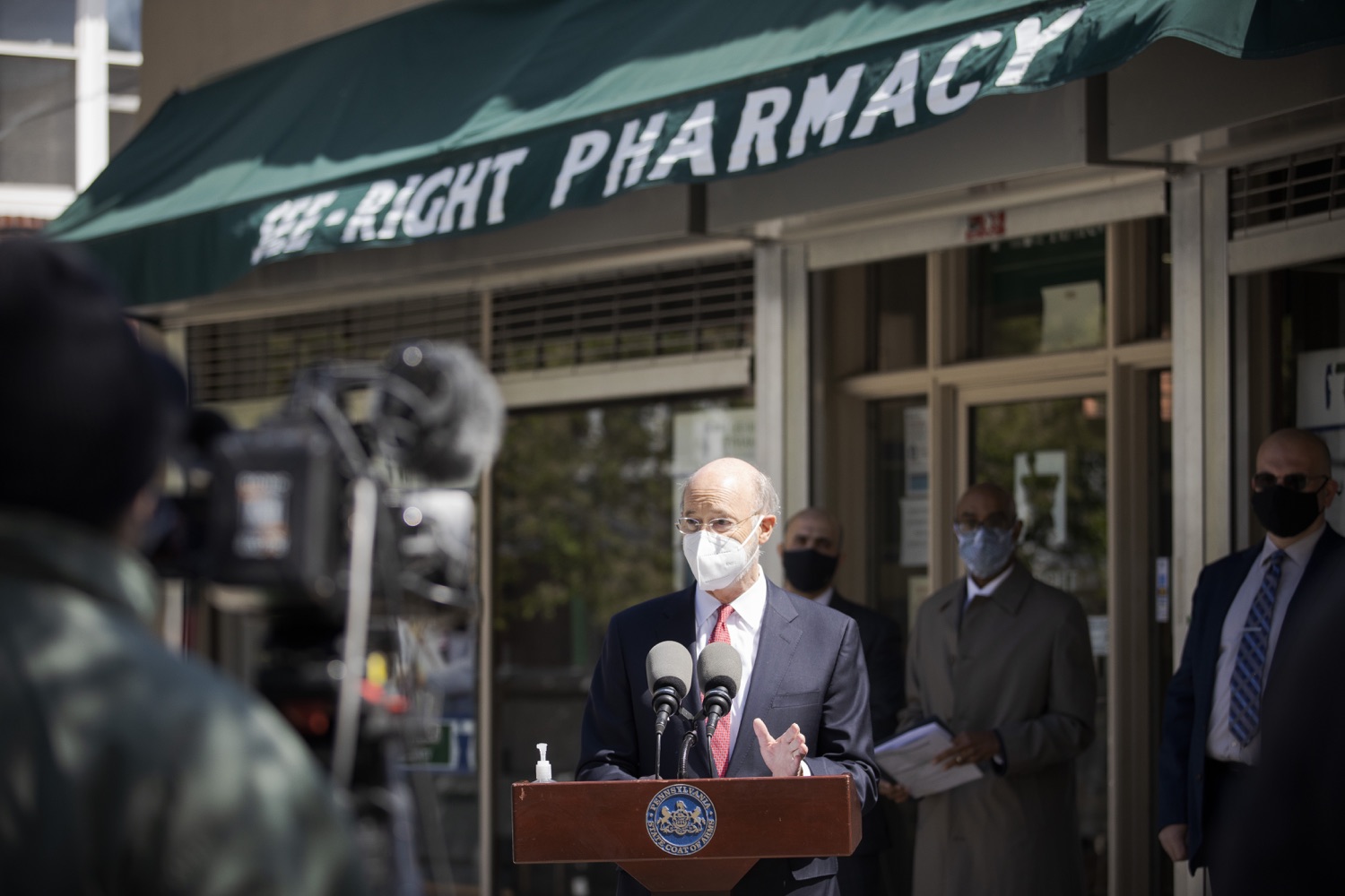 Pennsylvania Governor Tom Wolf speaking with the press.  Governor Tom Wolf today visited See-Right Pharmacy in Harrisburg to learn more about how the local, neighborhood pharmacy is vaccinating community members and to talk about COVID-19 vaccine hesitancy in Pennsylvania. Harrisburg, PA  April 22, 2021<br><a href="https://filesource.amperwave.net/commonwealthofpa/photo/18704_gov_seeRight_dz_009.jpg" target="_blank">⇣ Download Photo</a>