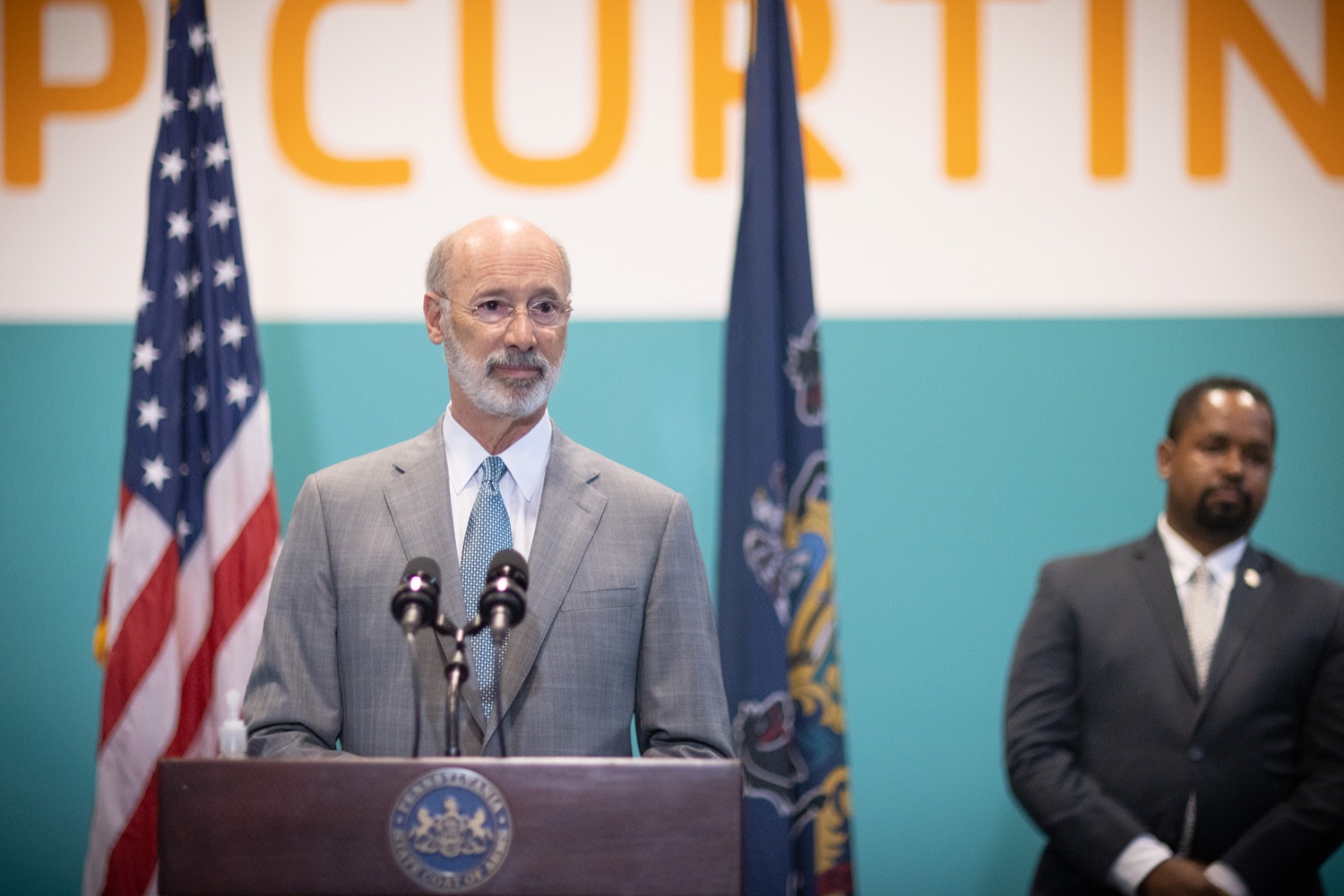 Pennsylvania Governor Tom Wolf speaking with the press.  With some politicians spreading lies about our elections to divide us, Governor Tom Wolf today vowed to protect the freedom to vote and oppose legislation that would create barriers to voting and silence the voices of some Pennsylvanians. These are the same lies that led directly to the appalling assault on our U.S. Capitol and our democracy on January 6, and now, just a few short months later, the same people who fomented, encouraged, and joined that mob are again emerging to undermine the fabric of our nation.   Harrisburg, PA  June 9, 2021<br><a href="https://filesource.amperwave.net/commonwealthofpa/photo/18815_gov_voterRights_dz_008.jpg" target="_blank">⇣ Download Photo</a>